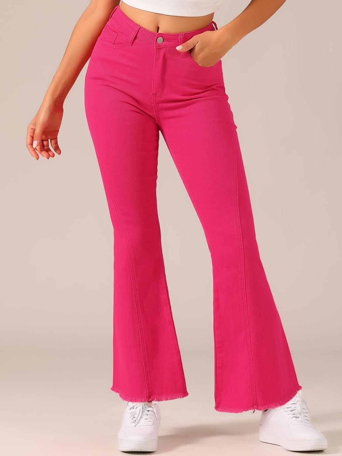 imageAllegra K Womens Flare Jeans 70s Vintage High Waist Stretch Denim Bell Bottom JeansHot Pink