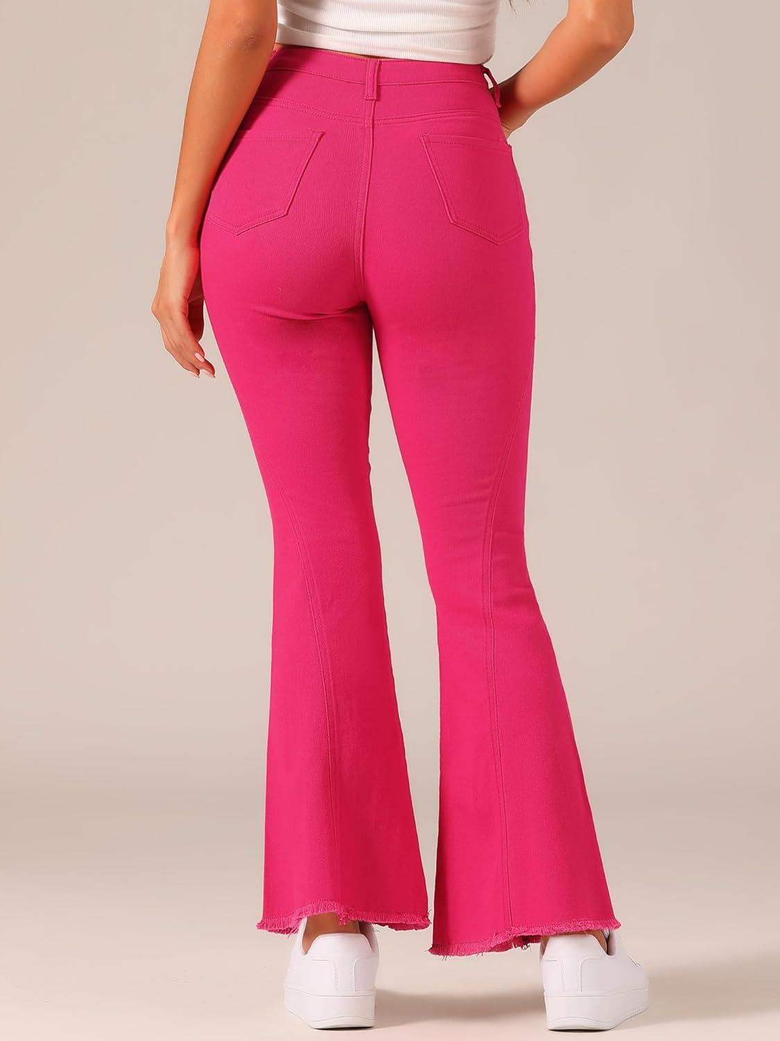 imageAllegra K Womens Flare Jeans 70s Vintage High Waist Stretch Denim Bell Bottom JeansHot Pink