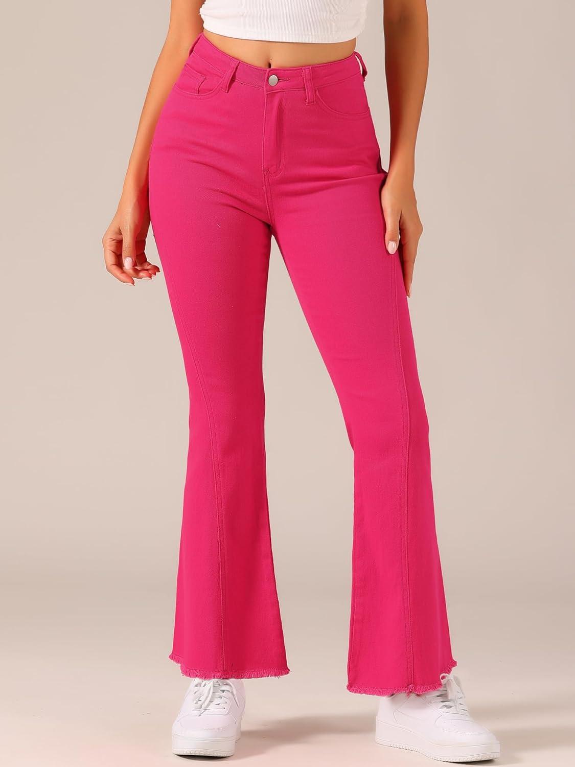 imageAllegra K Womens Flare Jeans 70s Vintage High Waist Stretch Denim Bell Bottom JeansHot Pink