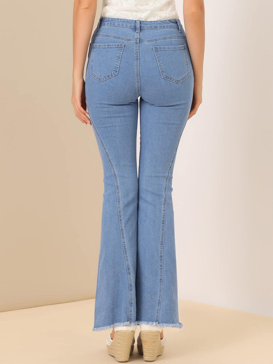 imageAllegra K Womens Flare Jeans 70s Vintage High Waist Stretch Denim Bell Bottom JeansLight Blue