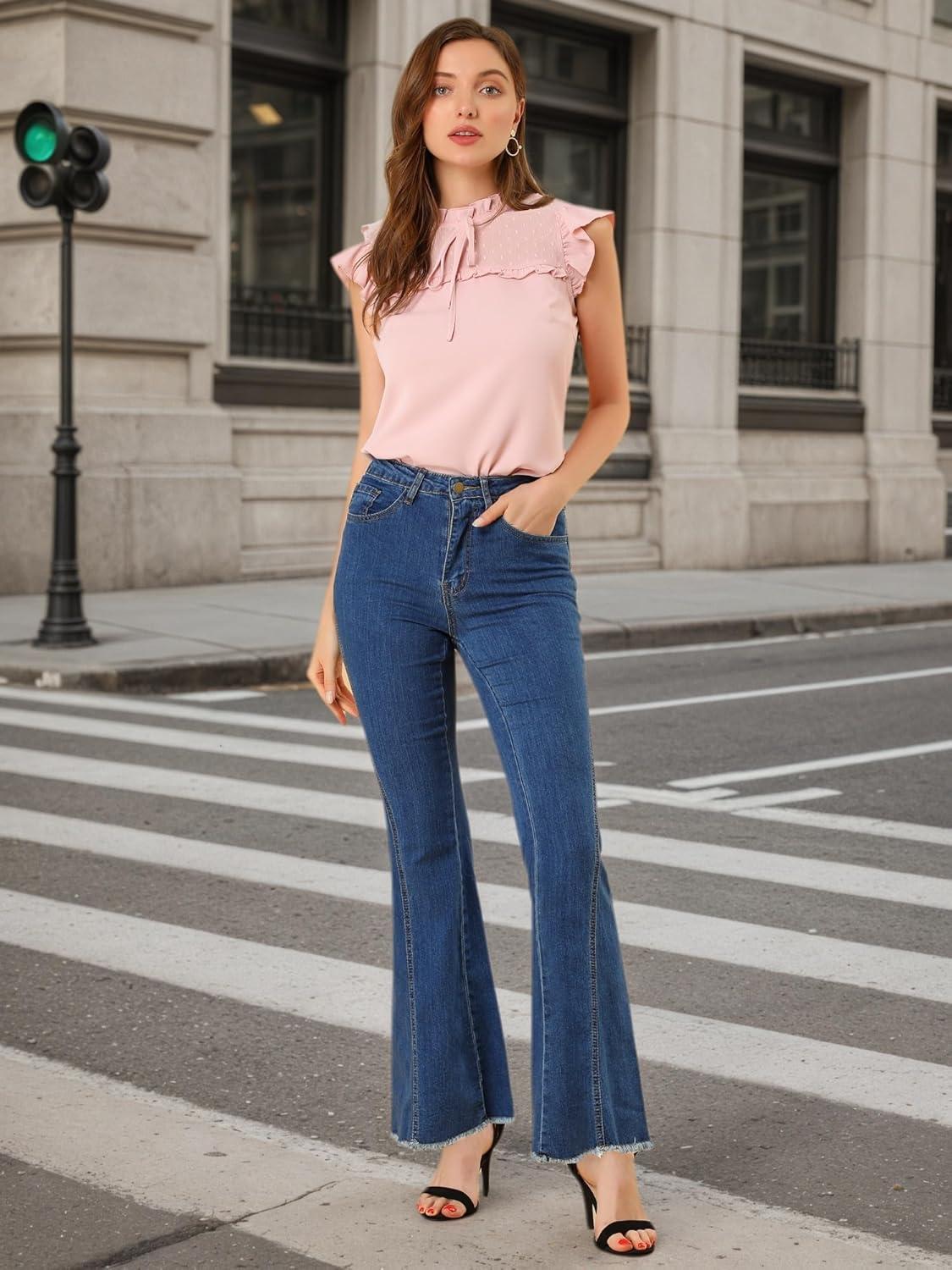 imageAllegra K Womens Flare Jeans 70s Vintage High Waist Stretch Denim Bell Bottom JeansMblue