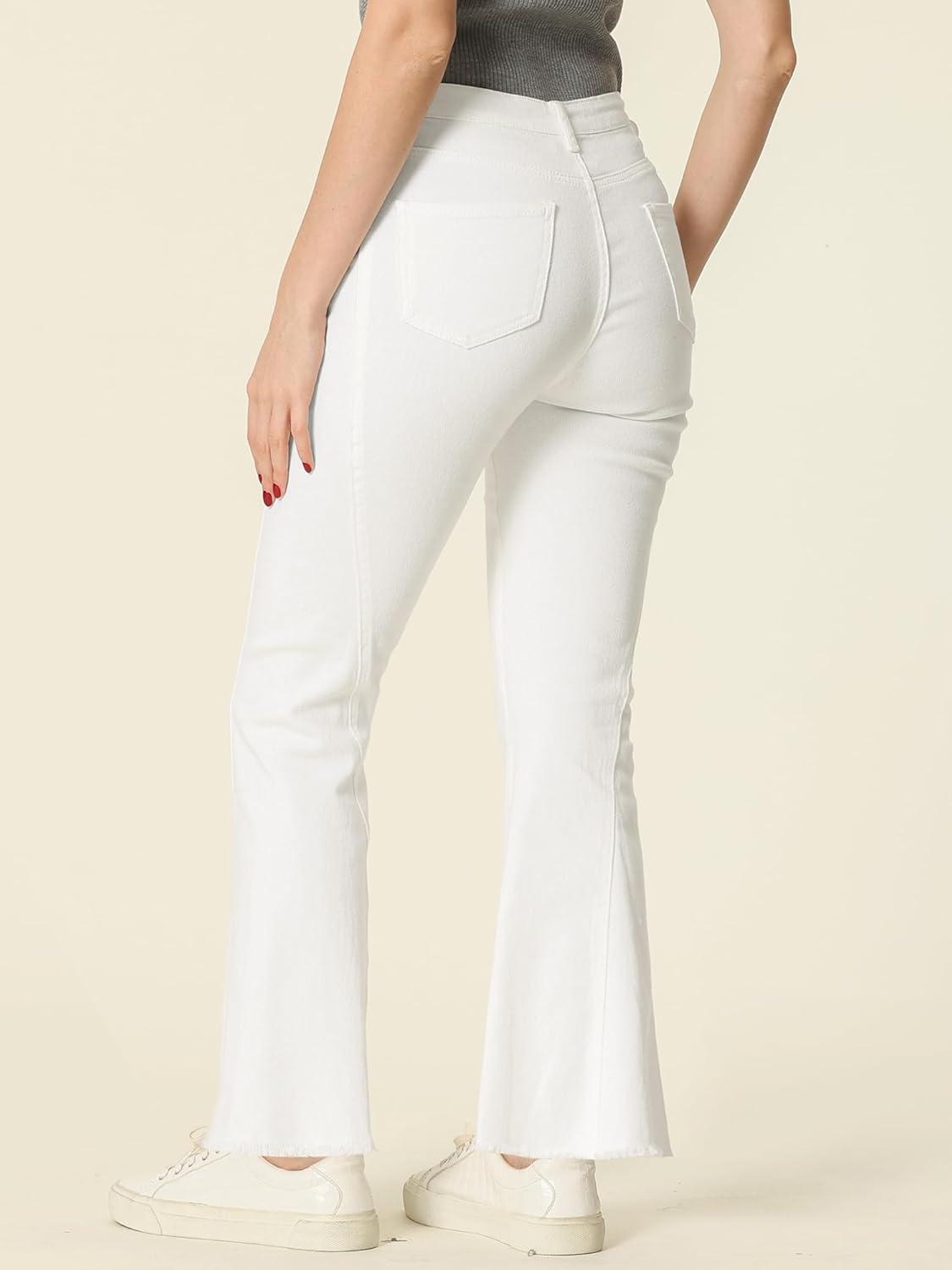 imageAllegra K Womens Flare Jeans 70s Vintage High Waist Stretch Denim Bell Bottom JeansWhite