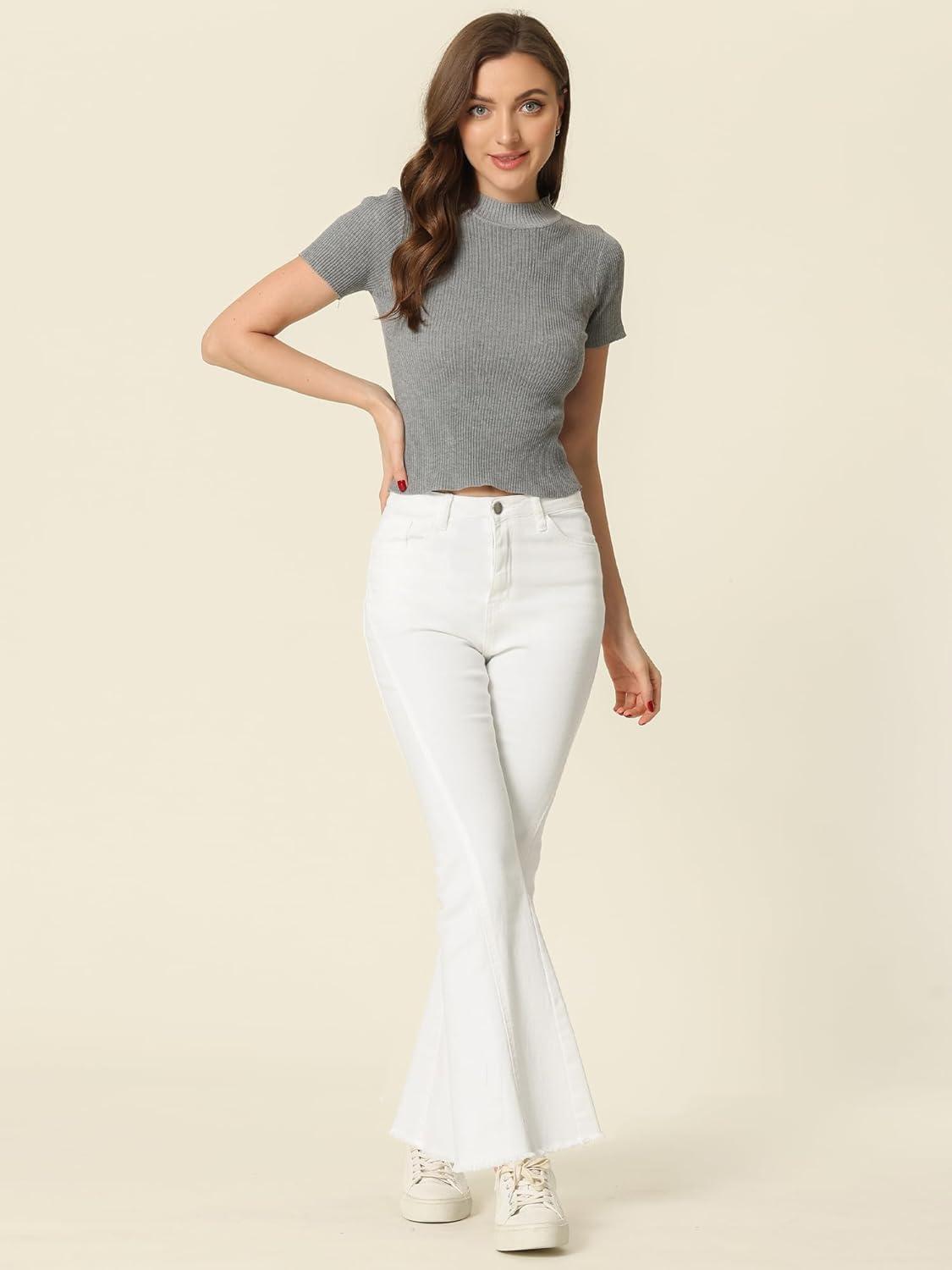 imageAllegra K Womens Flare Jeans 70s Vintage High Waist Stretch Denim Bell Bottom JeansWhite