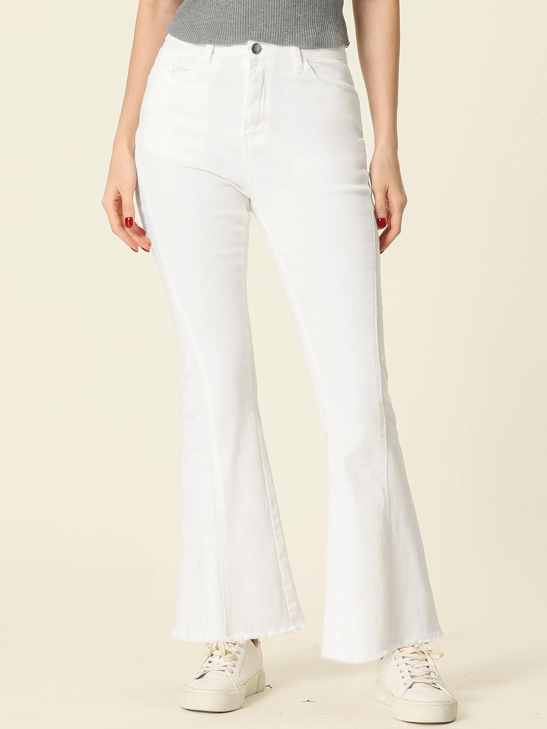imageAllegra K Womens Flare Jeans 70s Vintage High Waist Stretch Denim Bell Bottom JeansWhite