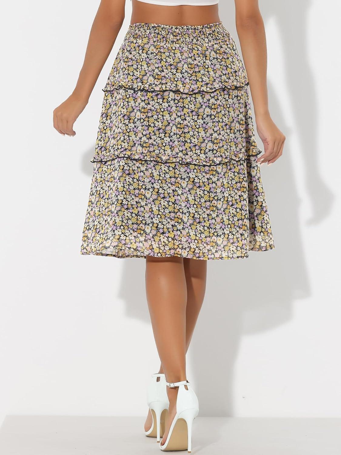 imageAllegra K Womens Floral Skirts Summer Chiffon Smocked Elastic Waist ALine Below Knee Length Ruffle Tiered SkirtBlack