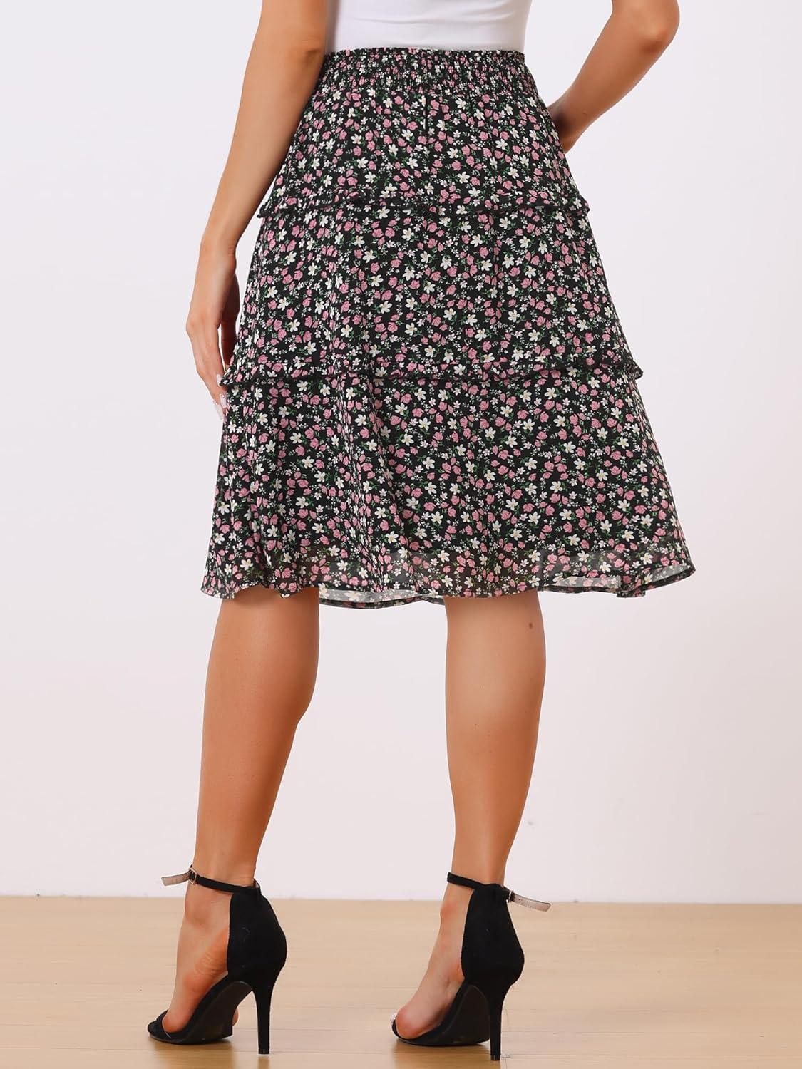 imageAllegra K Womens Floral Skirts Summer Chiffon Smocked Elastic Waist ALine Below Knee Length Ruffle Tiered SkirtBlack1