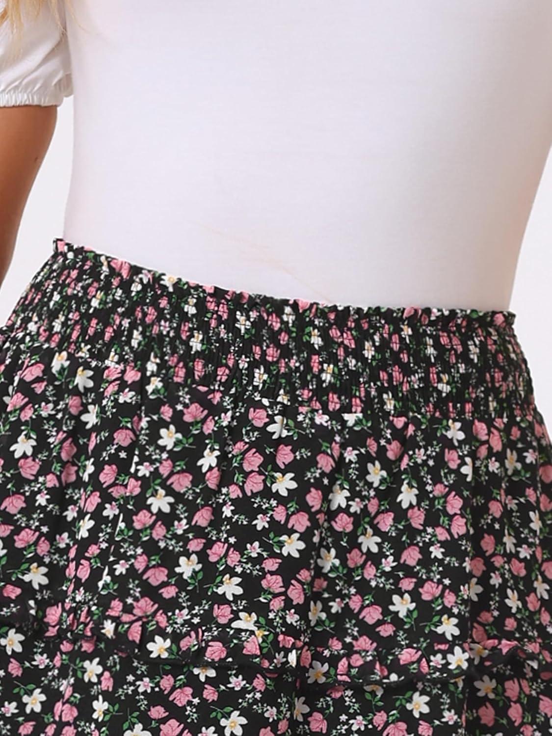 imageAllegra K Womens Floral Skirts Summer Chiffon Smocked Elastic Waist ALine Below Knee Length Ruffle Tiered SkirtBlack1