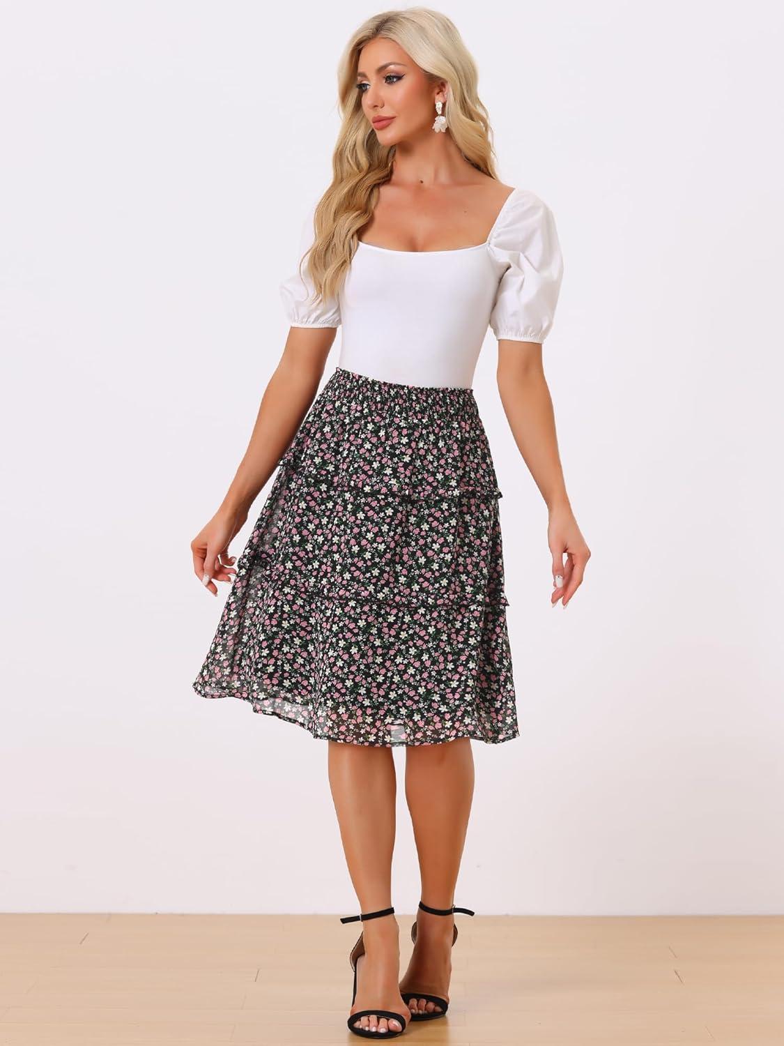 imageAllegra K Womens Floral Skirts Summer Chiffon Smocked Elastic Waist ALine Below Knee Length Ruffle Tiered SkirtBlack1
