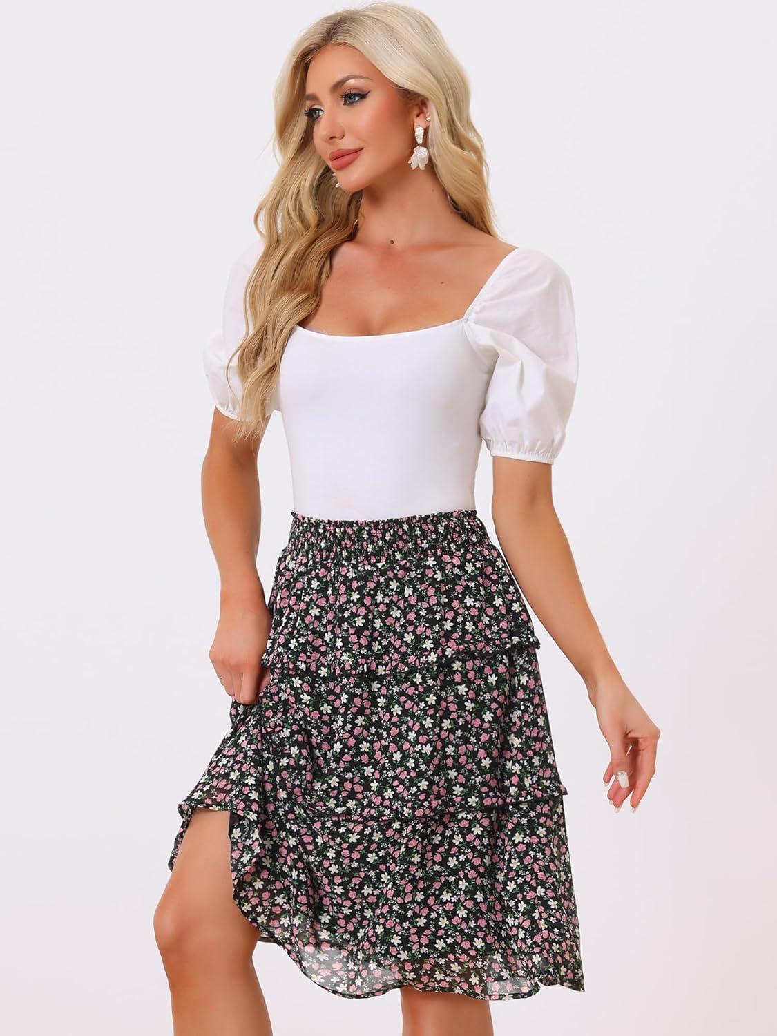 imageAllegra K Womens Floral Skirts Summer Chiffon Smocked Elastic Waist ALine Below Knee Length Ruffle Tiered SkirtBlack1