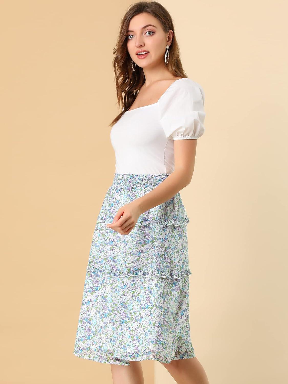 imageAllegra K Womens Floral Skirts Summer Chiffon Smocked Elastic Waist ALine Below Knee Length Ruffle Tiered SkirtBlue Purple