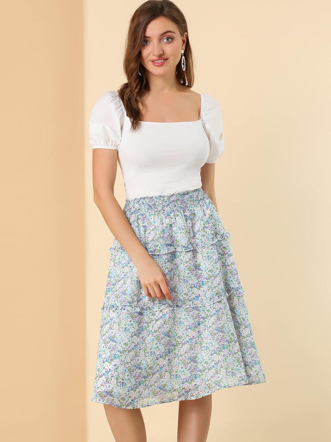 imageAllegra K Womens Floral Skirts Summer Chiffon Smocked Elastic Waist ALine Below Knee Length Ruffle Tiered SkirtBlue Purple