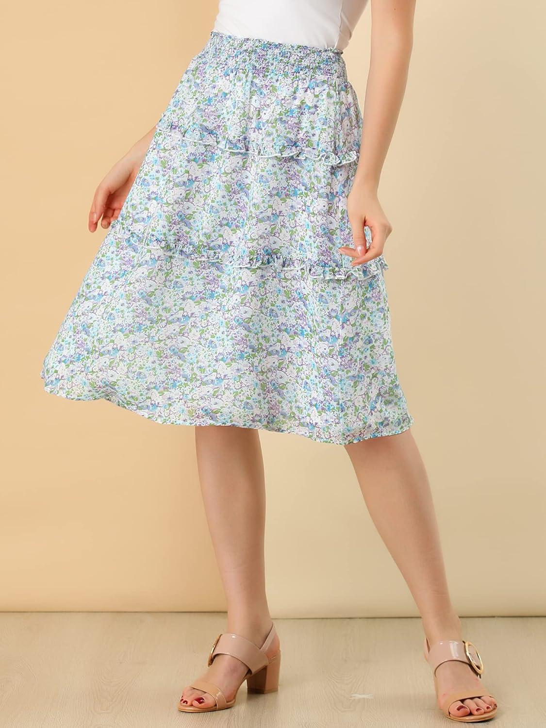 imageAllegra K Womens Floral Skirts Summer Chiffon Smocked Elastic Waist ALine Below Knee Length Ruffle Tiered SkirtBlue Purple