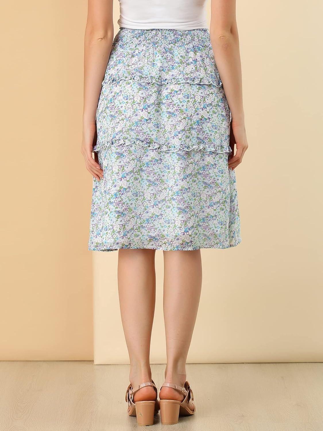 imageAllegra K Womens Floral Skirts Summer Chiffon Smocked Elastic Waist ALine Below Knee Length Ruffle Tiered SkirtBlue Purple