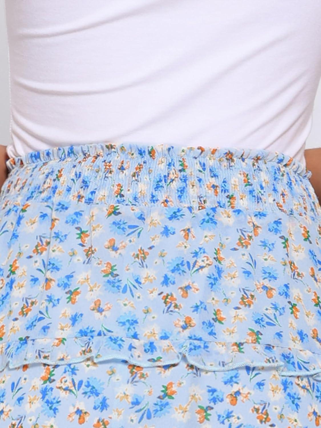 imageAllegra K Womens Floral Skirts Summer Chiffon Smocked Elastic Waist ALine Below Knee Length Ruffle Tiered SkirtBlue White
