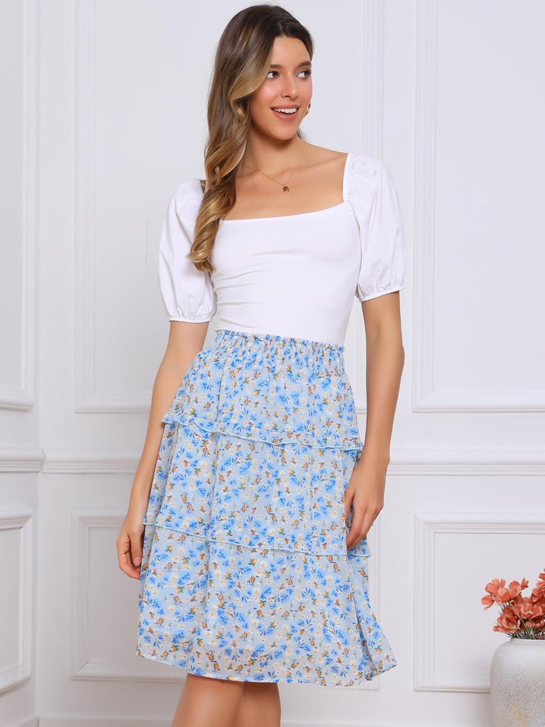 imageAllegra K Womens Floral Skirts Summer Chiffon Smocked Elastic Waist ALine Below Knee Length Ruffle Tiered SkirtBlue White
