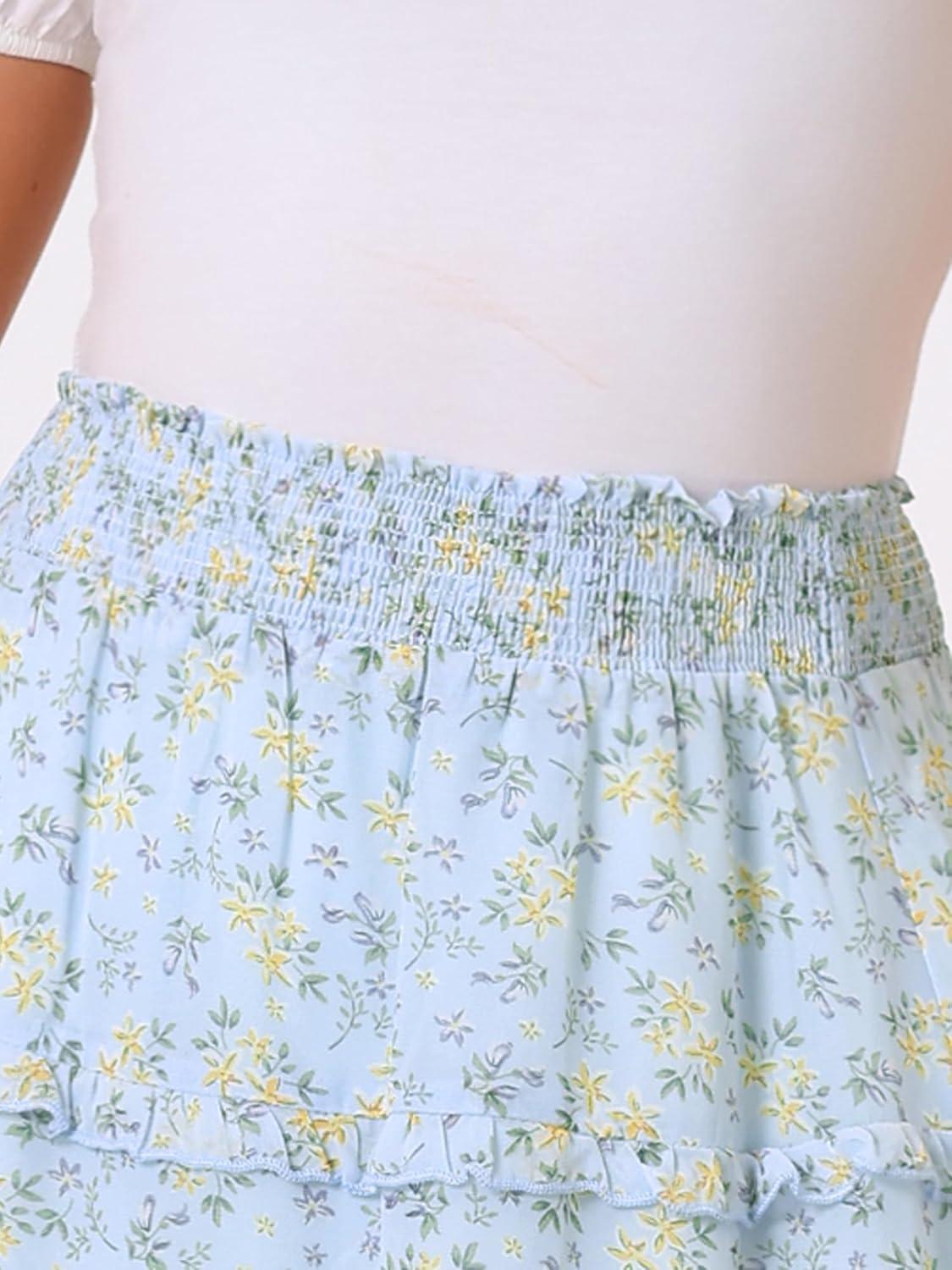 imageAllegra K Womens Floral Skirts Summer Chiffon Smocked Elastic Waist ALine Below Knee Length Ruffle Tiered SkirtLight Blue