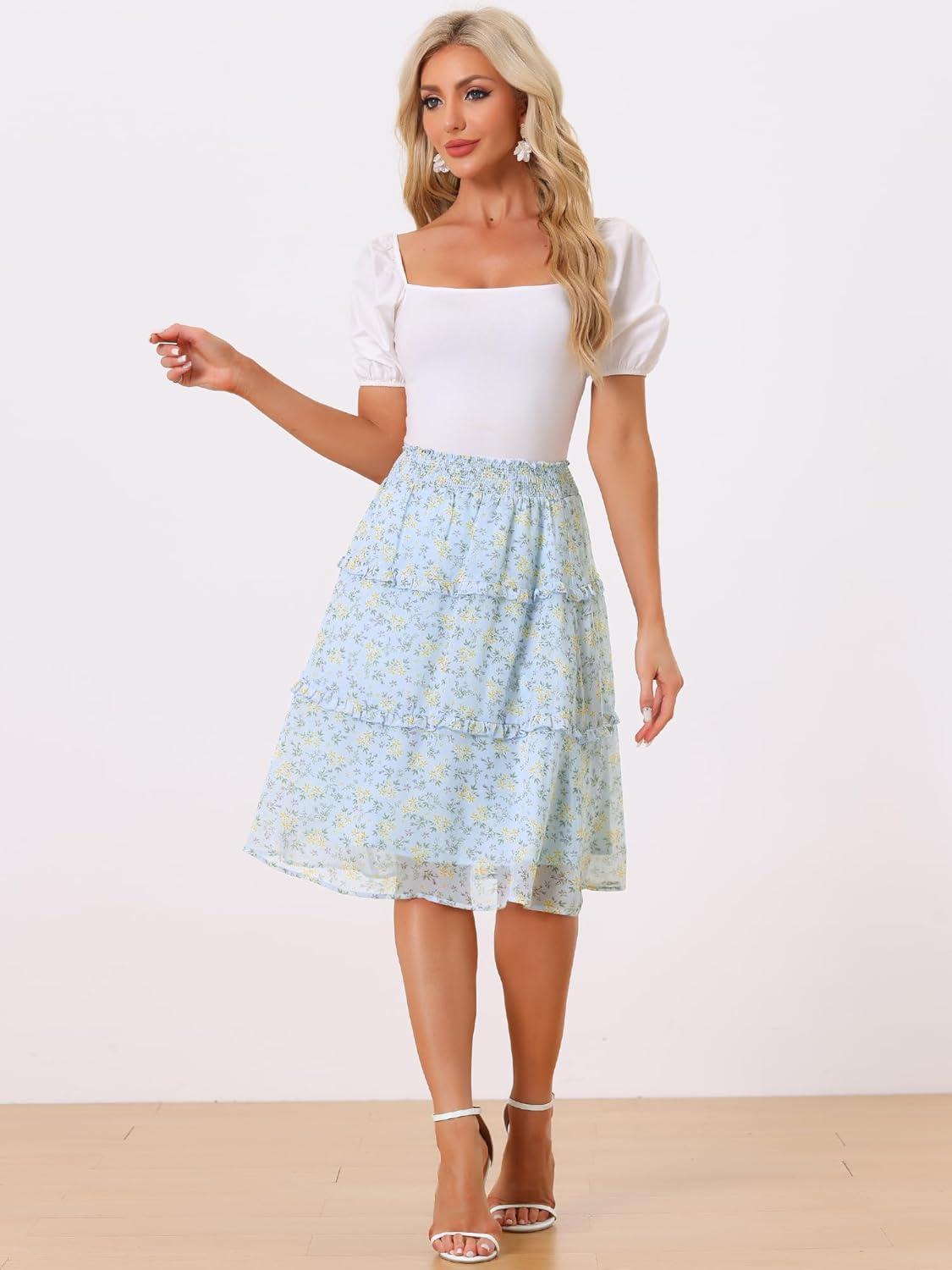 imageAllegra K Womens Floral Skirts Summer Chiffon Smocked Elastic Waist ALine Below Knee Length Ruffle Tiered SkirtLight Blue