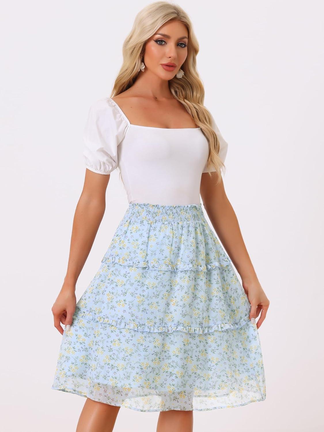imageAllegra K Womens Floral Skirts Summer Chiffon Smocked Elastic Waist ALine Below Knee Length Ruffle Tiered SkirtLight Blue
