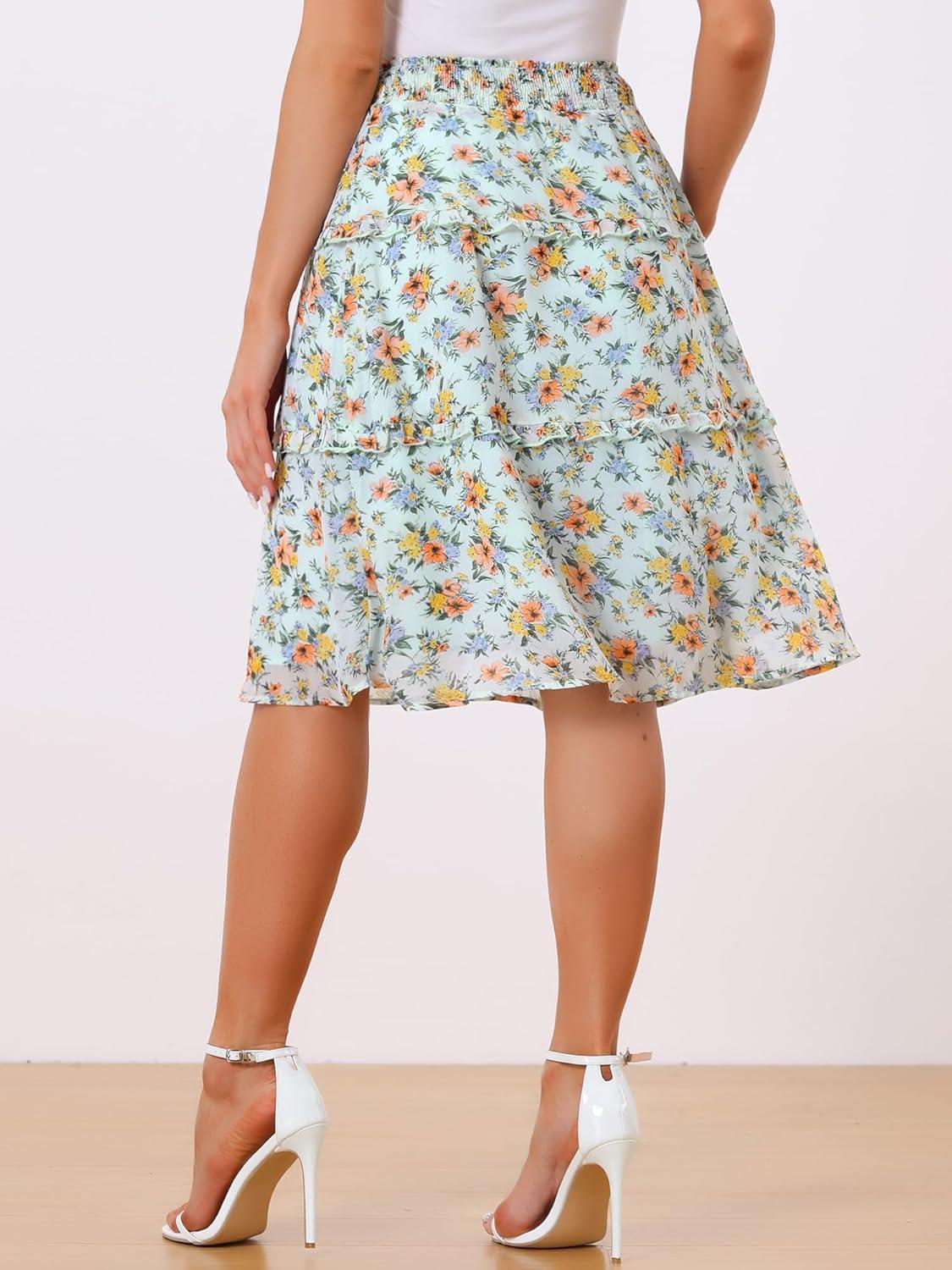 imageAllegra K Womens Floral Skirts Summer Chiffon Smocked Elastic Waist ALine Below Knee Length Ruffle Tiered SkirtLight Green