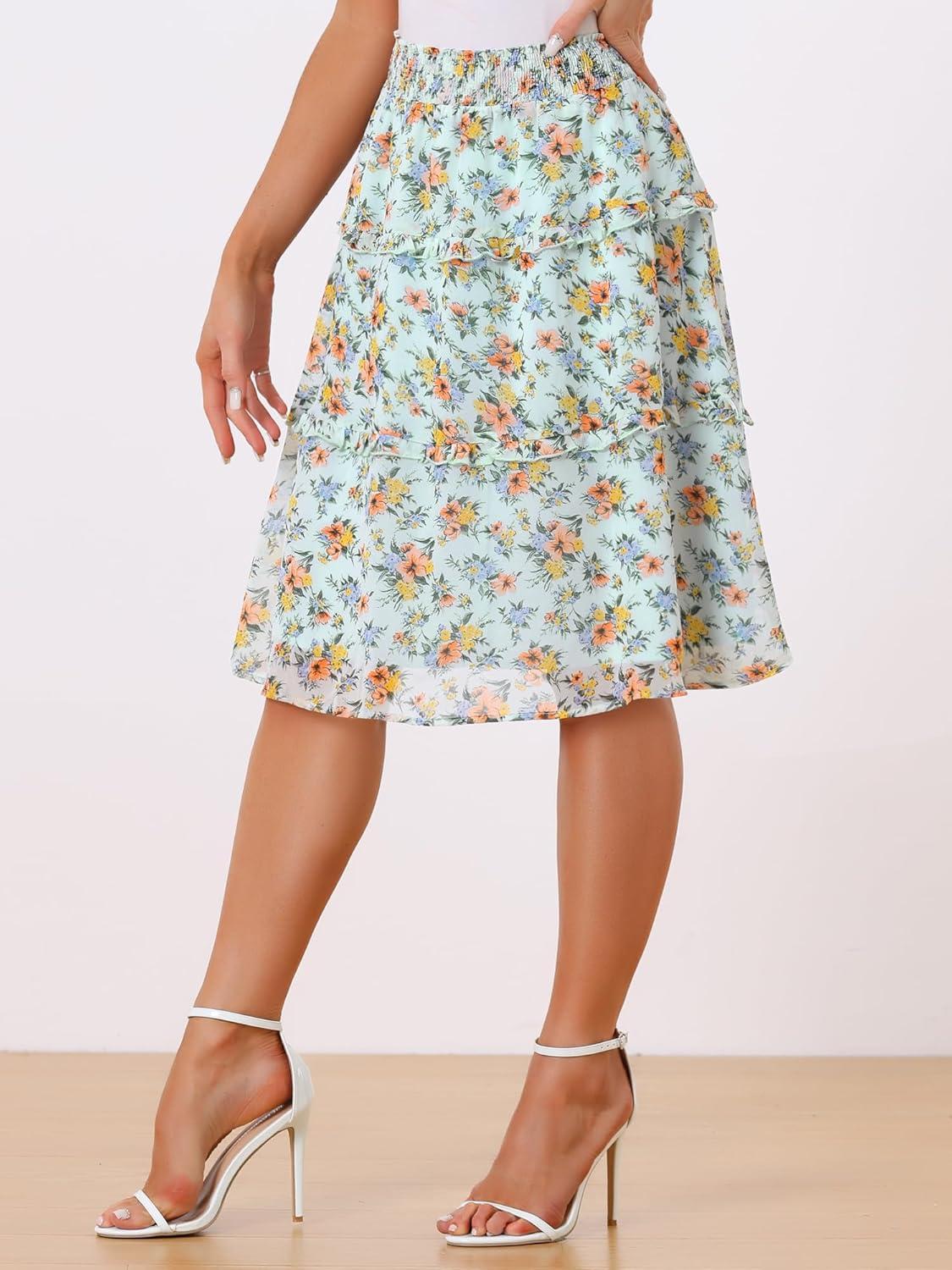 imageAllegra K Womens Floral Skirts Summer Chiffon Smocked Elastic Waist ALine Below Knee Length Ruffle Tiered SkirtLight Green