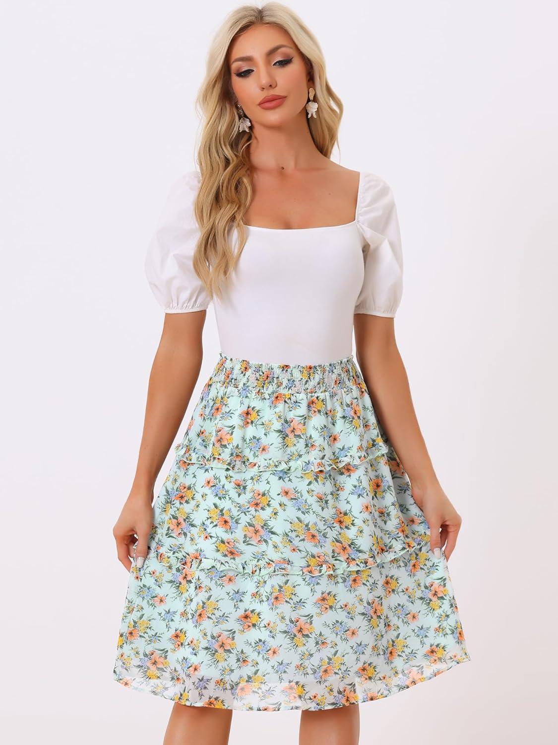 imageAllegra K Womens Floral Skirts Summer Chiffon Smocked Elastic Waist ALine Below Knee Length Ruffle Tiered SkirtLight Green