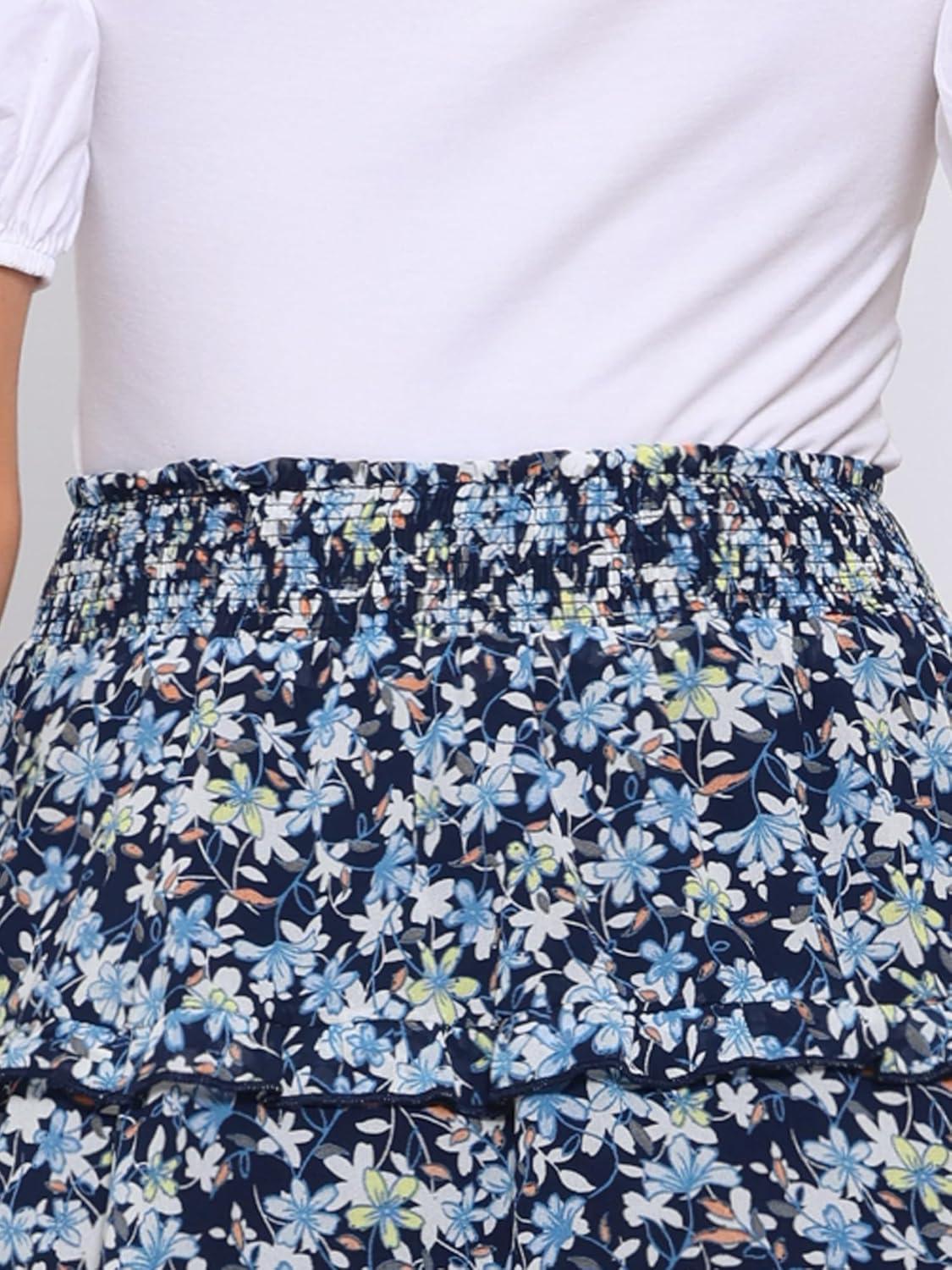 imageAllegra K Womens Floral Skirts Summer Chiffon Smocked Elastic Waist ALine Below Knee Length Ruffle Tiered SkirtNavy