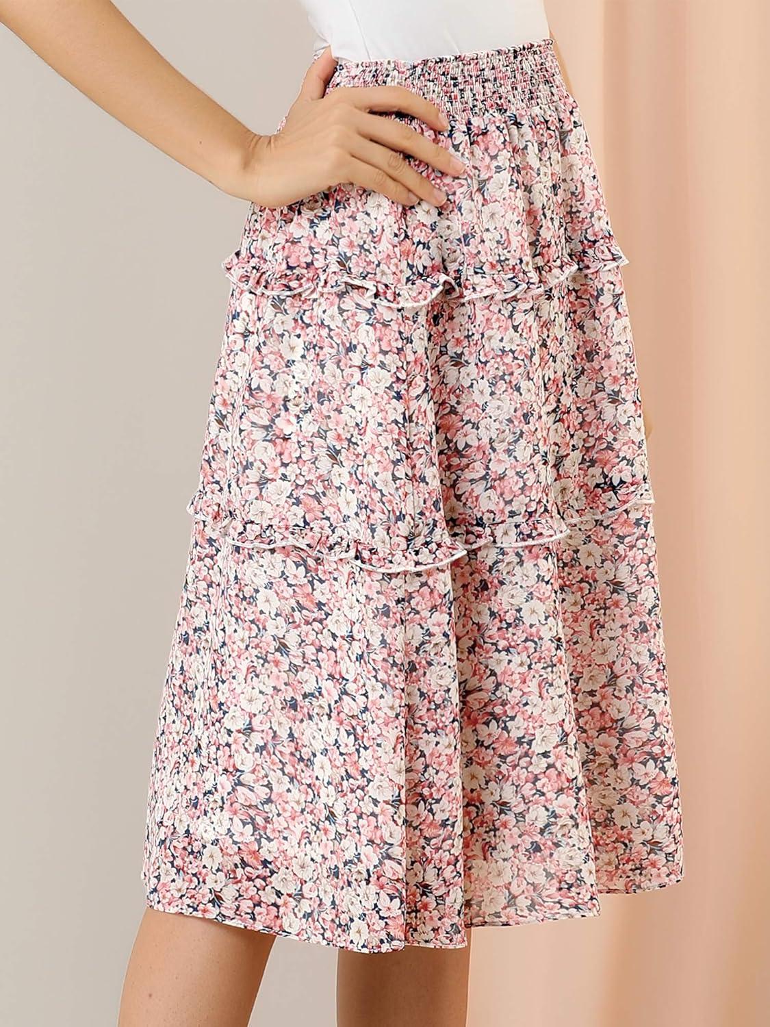 imageAllegra K Womens Floral Skirts Summer Chiffon Smocked Elastic Waist ALine Below Knee Length Ruffle Tiered SkirtPink