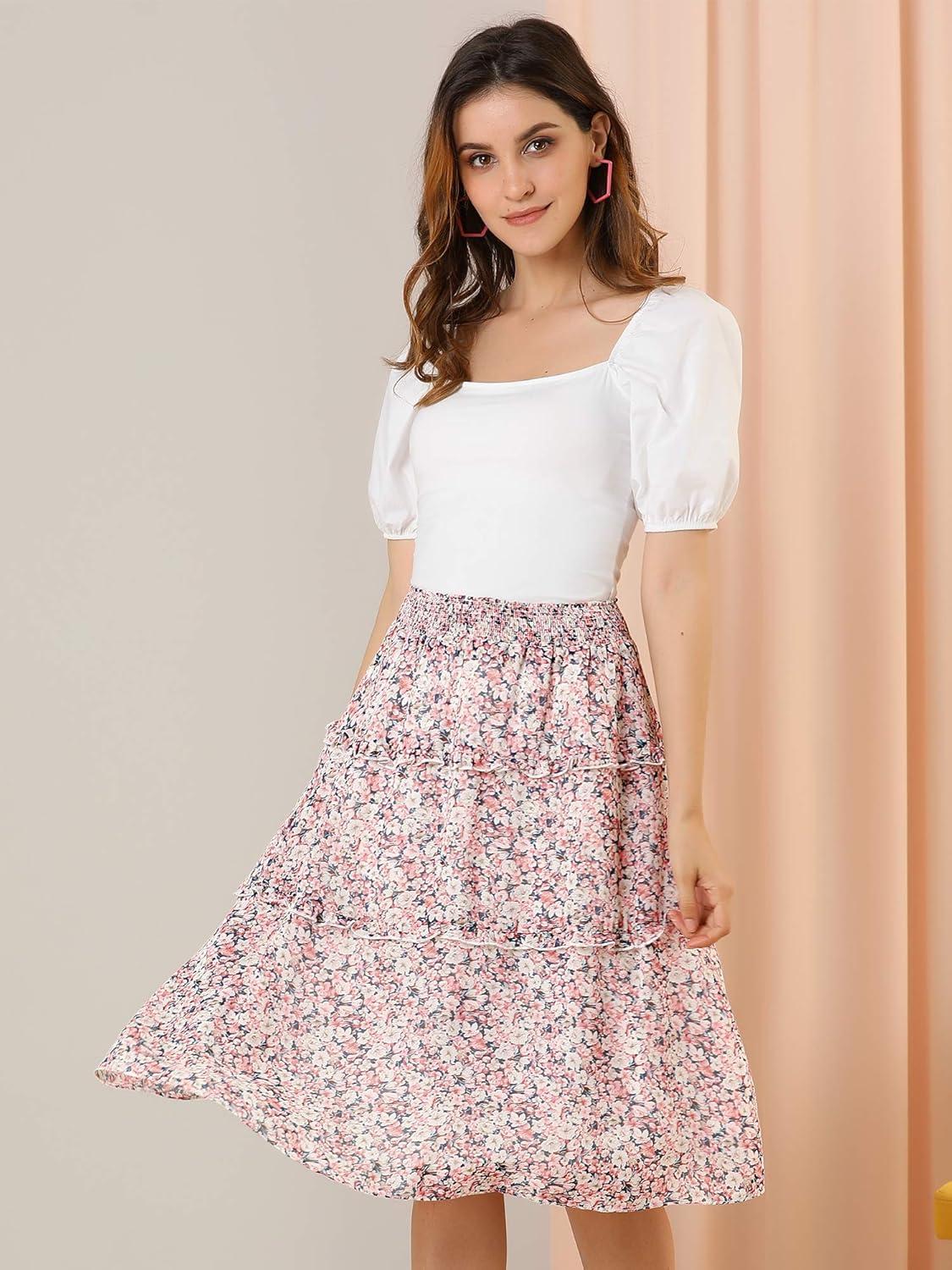 imageAllegra K Womens Floral Skirts Summer Chiffon Smocked Elastic Waist ALine Below Knee Length Ruffle Tiered SkirtPink