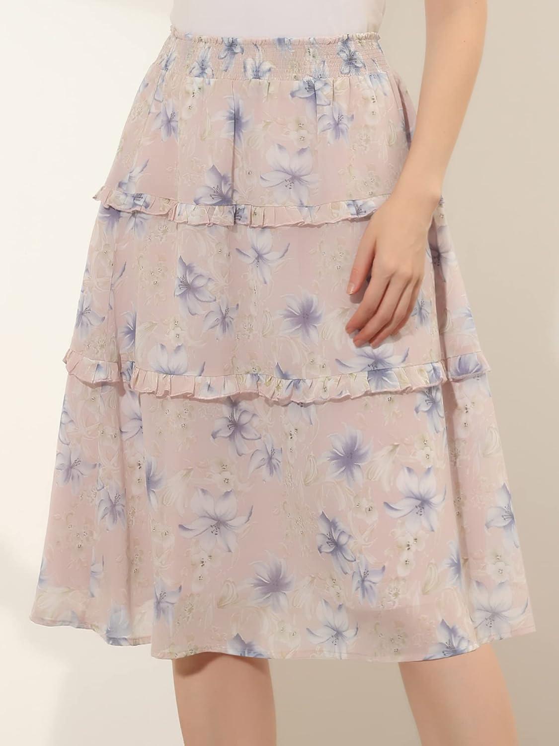 imageAllegra K Womens Floral Skirts Summer Chiffon Smocked Elastic Waist ALine Below Knee Length Ruffle Tiered SkirtPink Blue