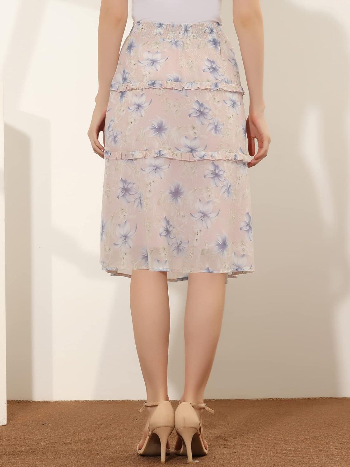 imageAllegra K Womens Floral Skirts Summer Chiffon Smocked Elastic Waist ALine Below Knee Length Ruffle Tiered SkirtPink Blue