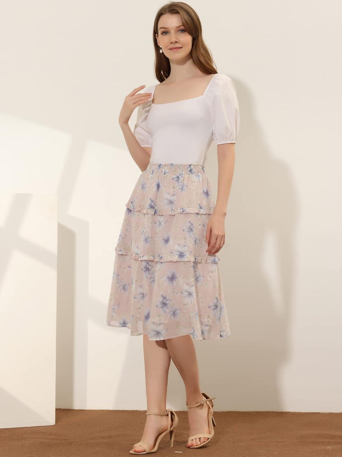 imageAllegra K Womens Floral Skirts Summer Chiffon Smocked Elastic Waist ALine Below Knee Length Ruffle Tiered SkirtPink Blue