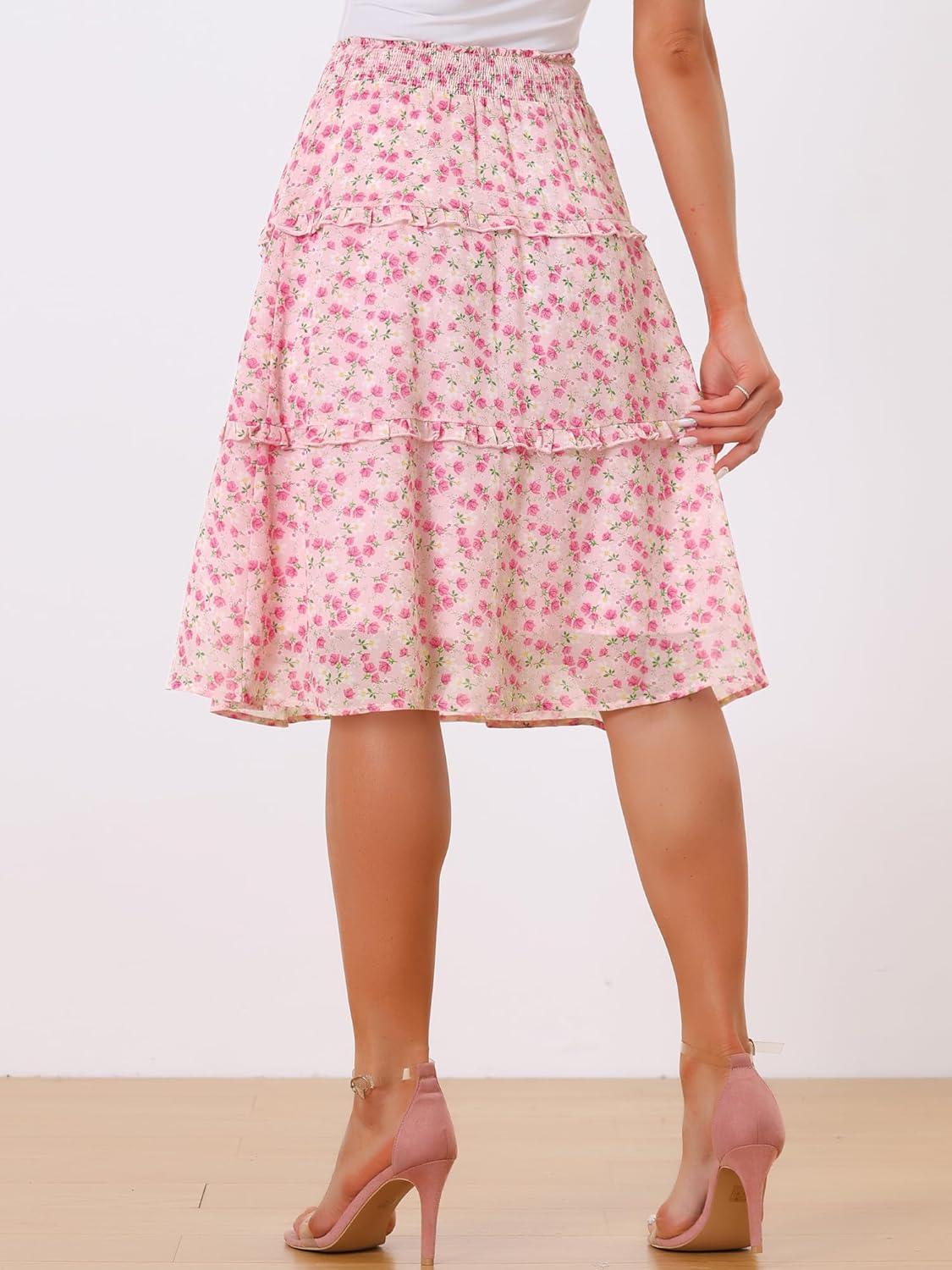 imageAllegra K Womens Floral Skirts Summer Chiffon Smocked Elastic Waist ALine Below Knee Length Ruffle Tiered SkirtPinks
