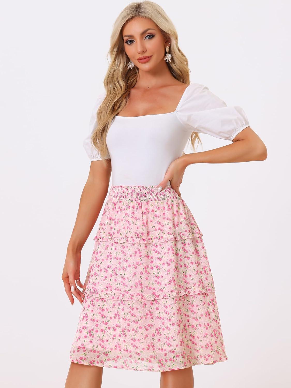 imageAllegra K Womens Floral Skirts Summer Chiffon Smocked Elastic Waist ALine Below Knee Length Ruffle Tiered SkirtPinks