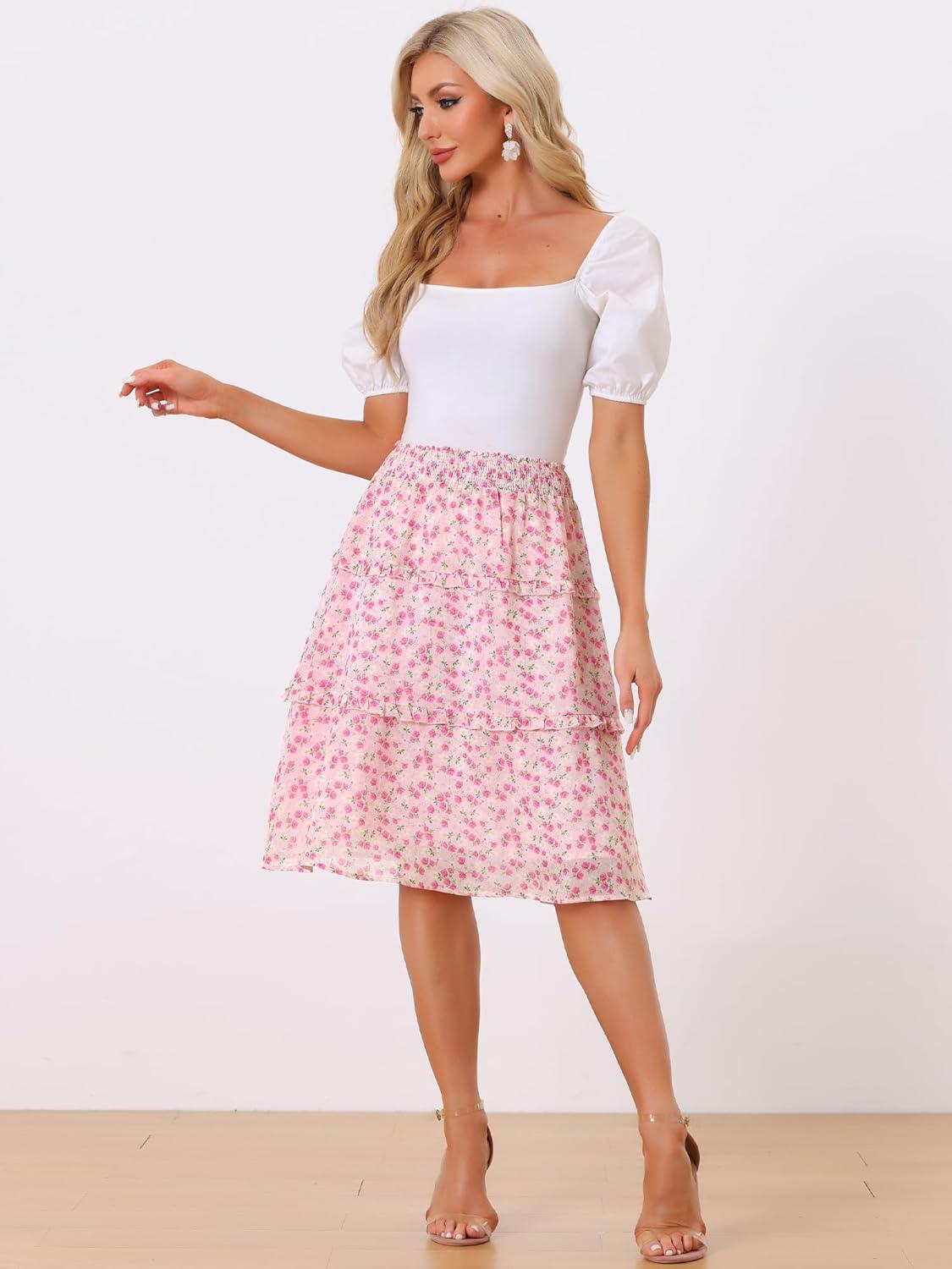 imageAllegra K Womens Floral Skirts Summer Chiffon Smocked Elastic Waist ALine Below Knee Length Ruffle Tiered SkirtPinks