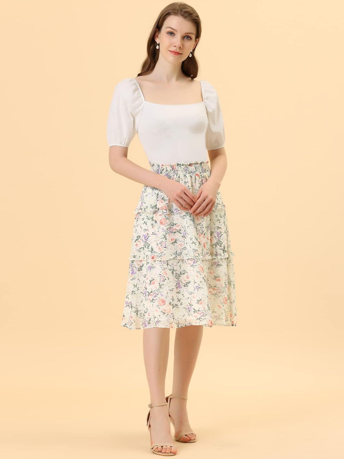 imageAllegra K Womens Floral Skirts Summer Chiffon Smocked Elastic Waist ALine Below Knee Length Ruffle Tiered SkirtWhite