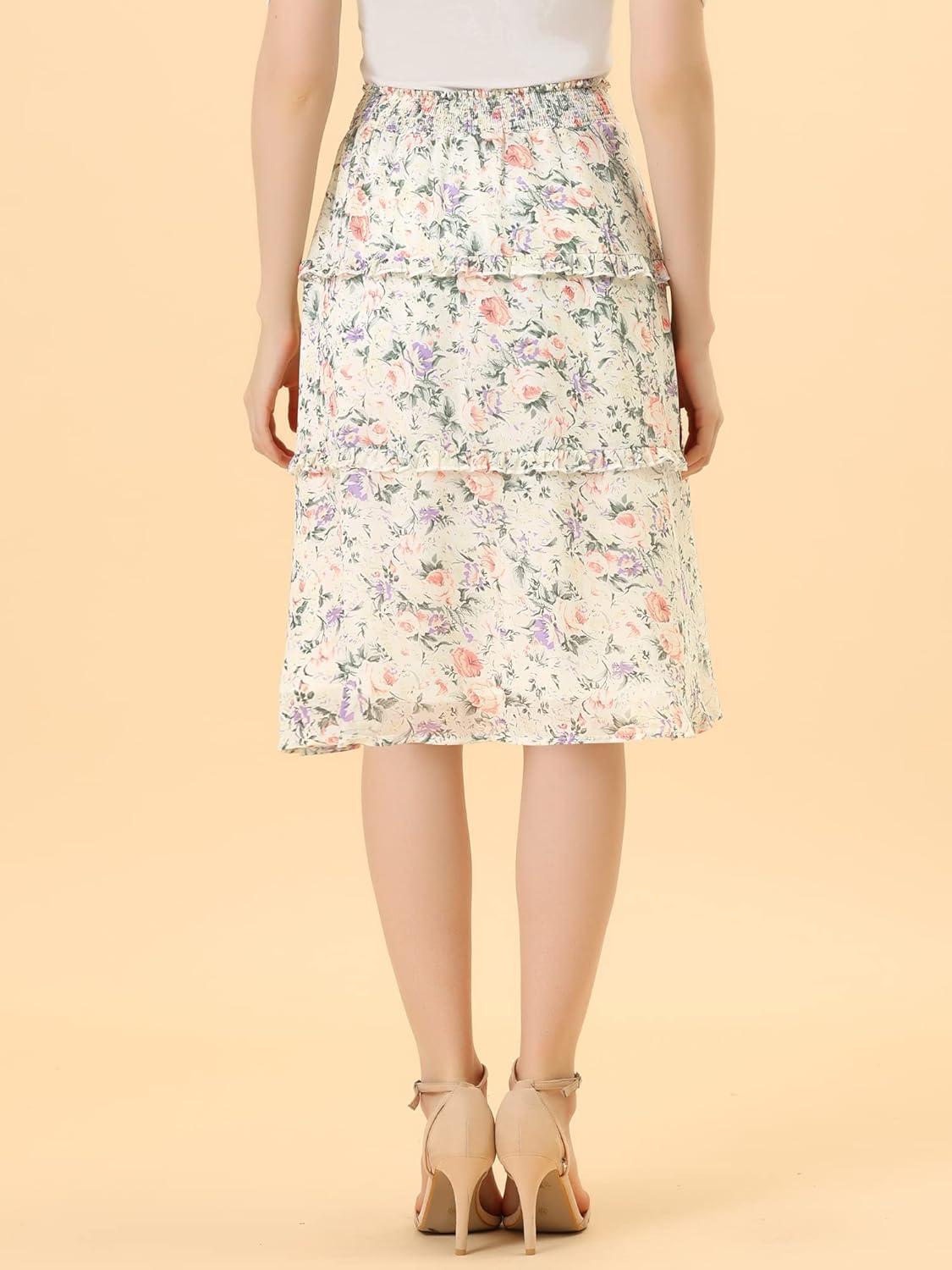 imageAllegra K Womens Floral Skirts Summer Chiffon Smocked Elastic Waist ALine Below Knee Length Ruffle Tiered SkirtWhite