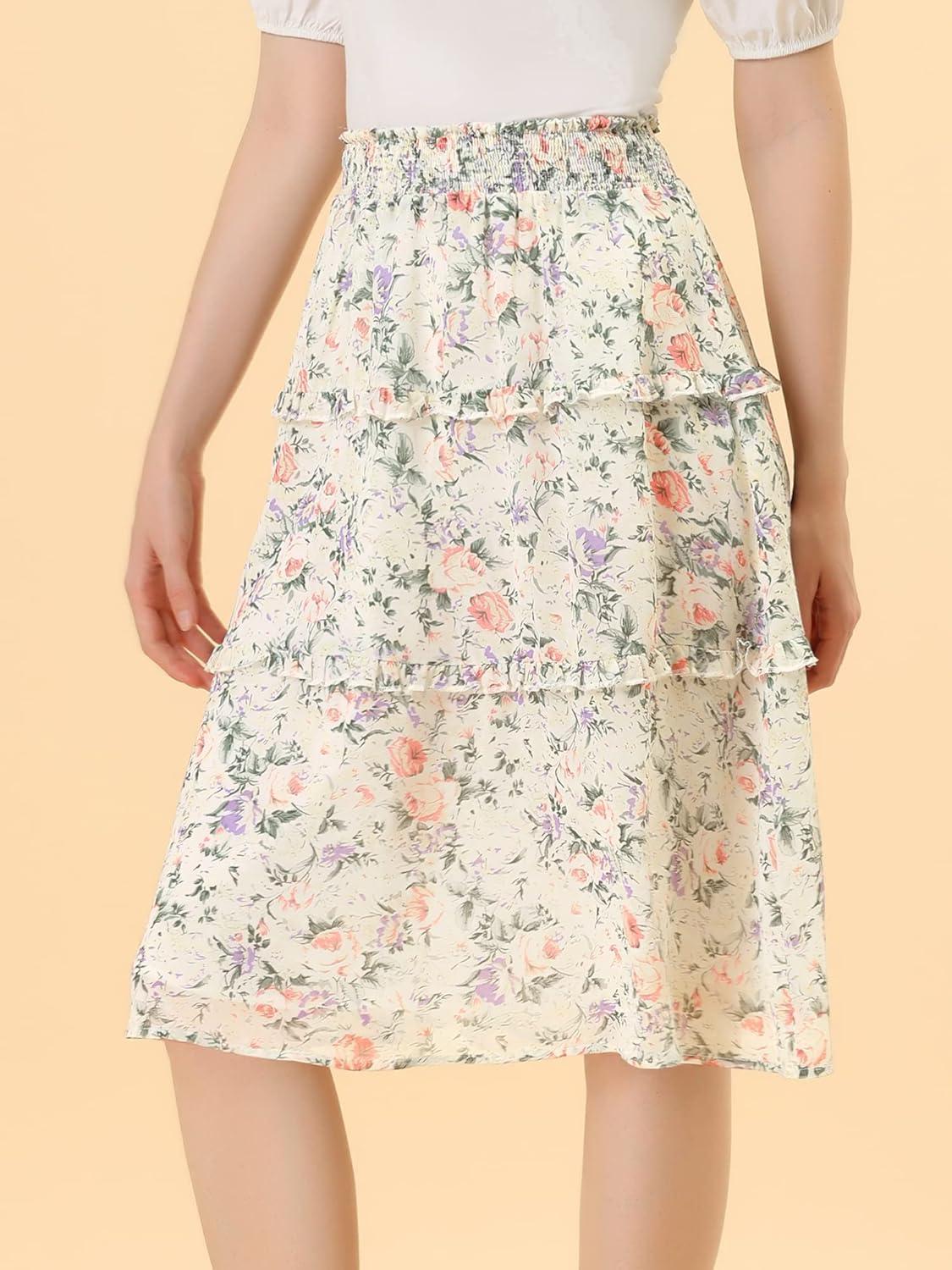 imageAllegra K Womens Floral Skirts Summer Chiffon Smocked Elastic Waist ALine Below Knee Length Ruffle Tiered SkirtWhite