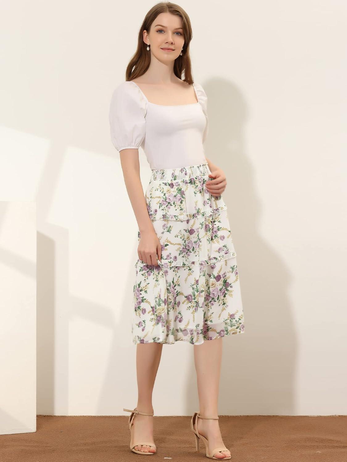 imageAllegra K Womens Floral Skirts Summer Chiffon Smocked Elastic Waist ALine Below Knee Length Ruffle Tiered SkirtWhite Purple