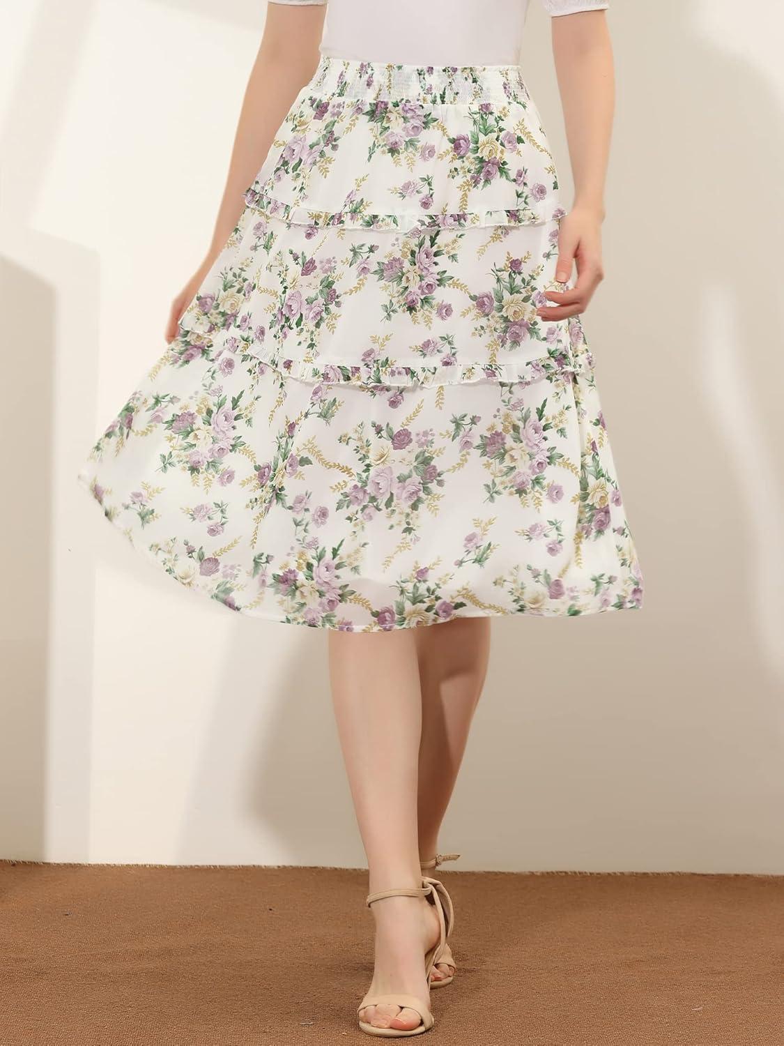 imageAllegra K Womens Floral Skirts Summer Chiffon Smocked Elastic Waist ALine Below Knee Length Ruffle Tiered SkirtWhite Purple