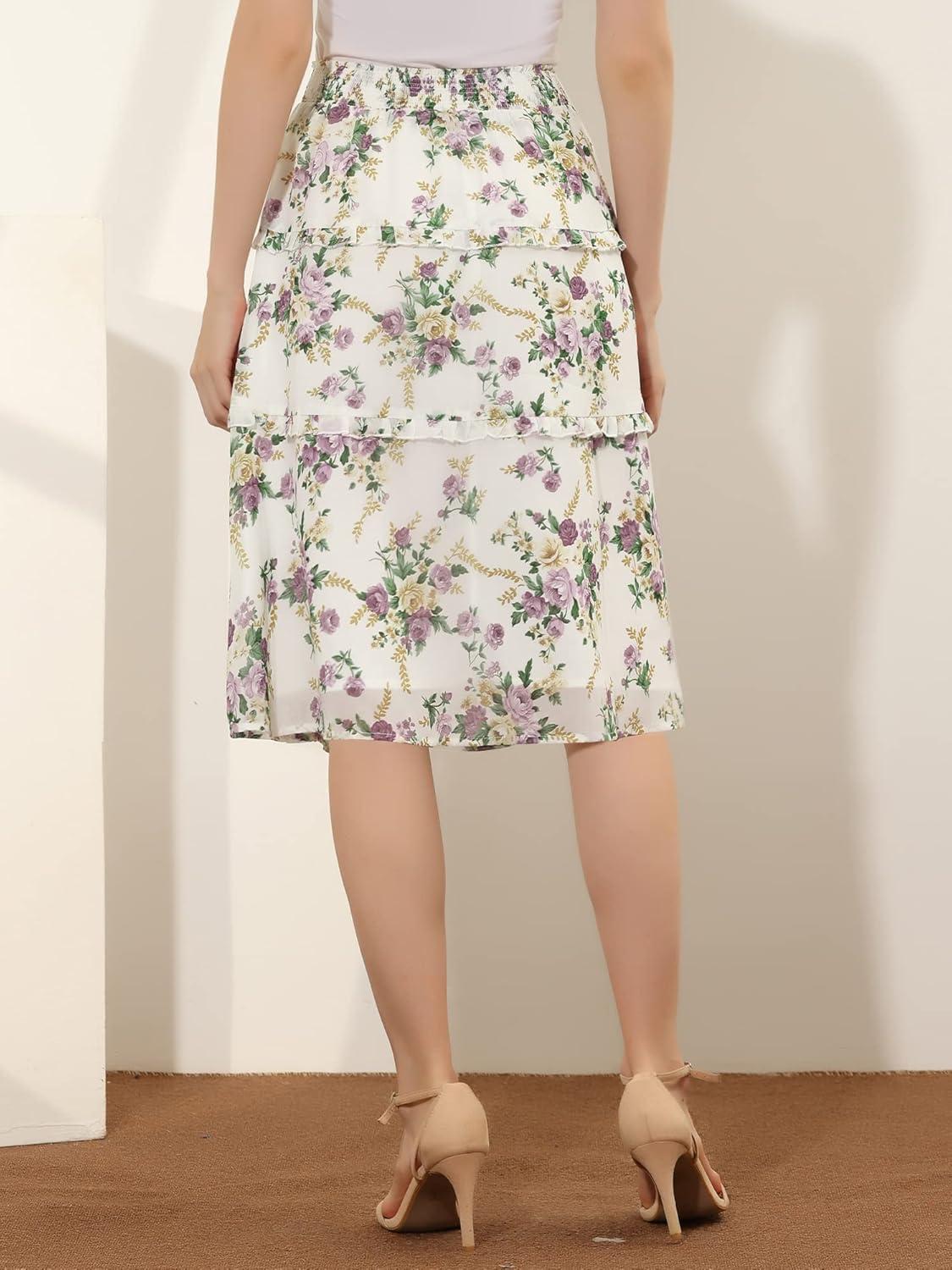imageAllegra K Womens Floral Skirts Summer Chiffon Smocked Elastic Waist ALine Below Knee Length Ruffle Tiered SkirtWhite Purple