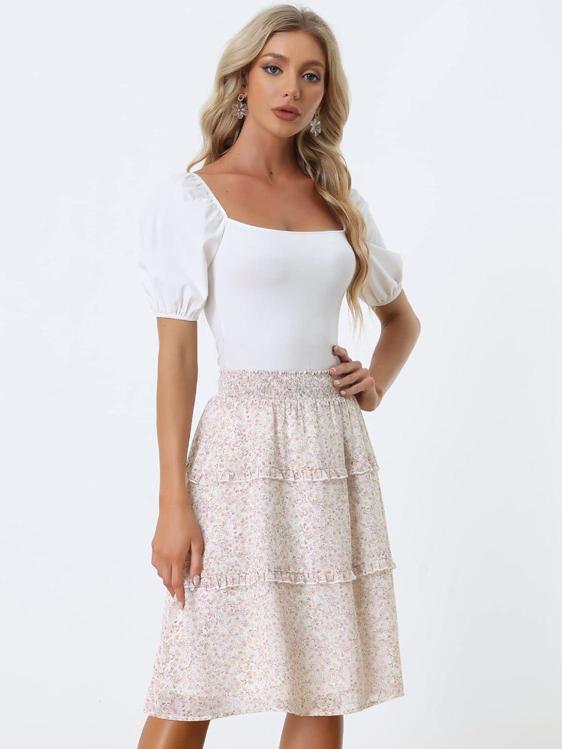 imageAllegra K Womens Floral Skirts Summer Chiffon Smocked Elastic Waist ALine Below Knee Length Ruffle Tiered SkirtWhite1