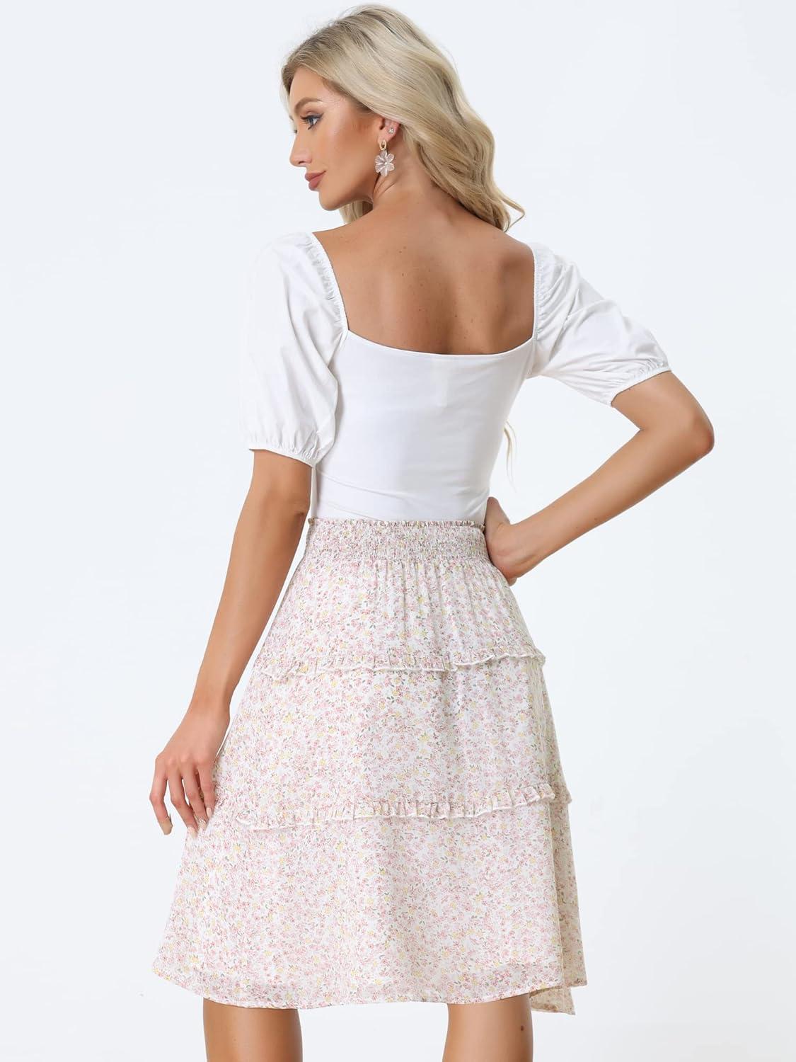 imageAllegra K Womens Floral Skirts Summer Chiffon Smocked Elastic Waist ALine Below Knee Length Ruffle Tiered SkirtWhite1