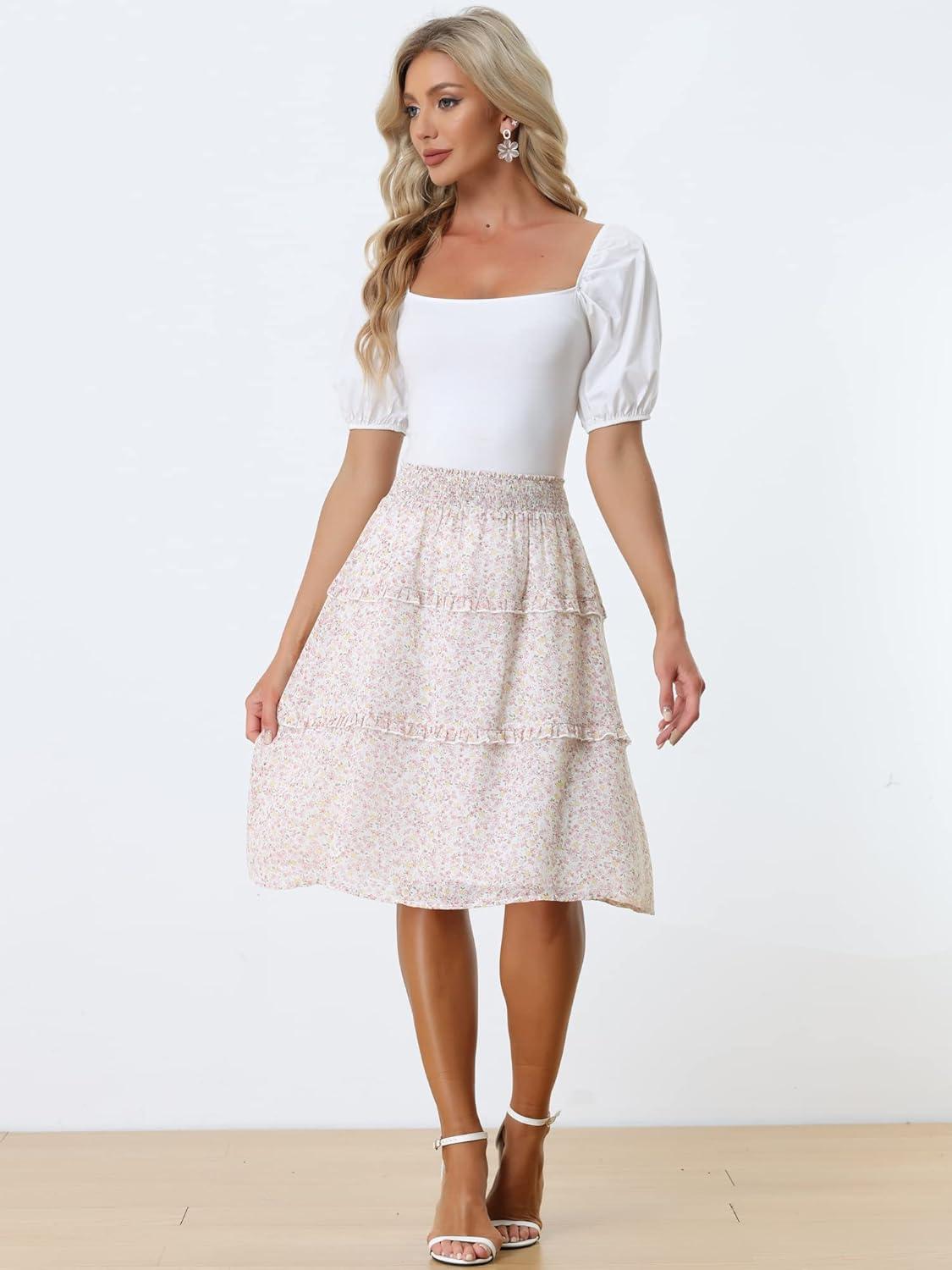 imageAllegra K Womens Floral Skirts Summer Chiffon Smocked Elastic Waist ALine Below Knee Length Ruffle Tiered SkirtWhite1