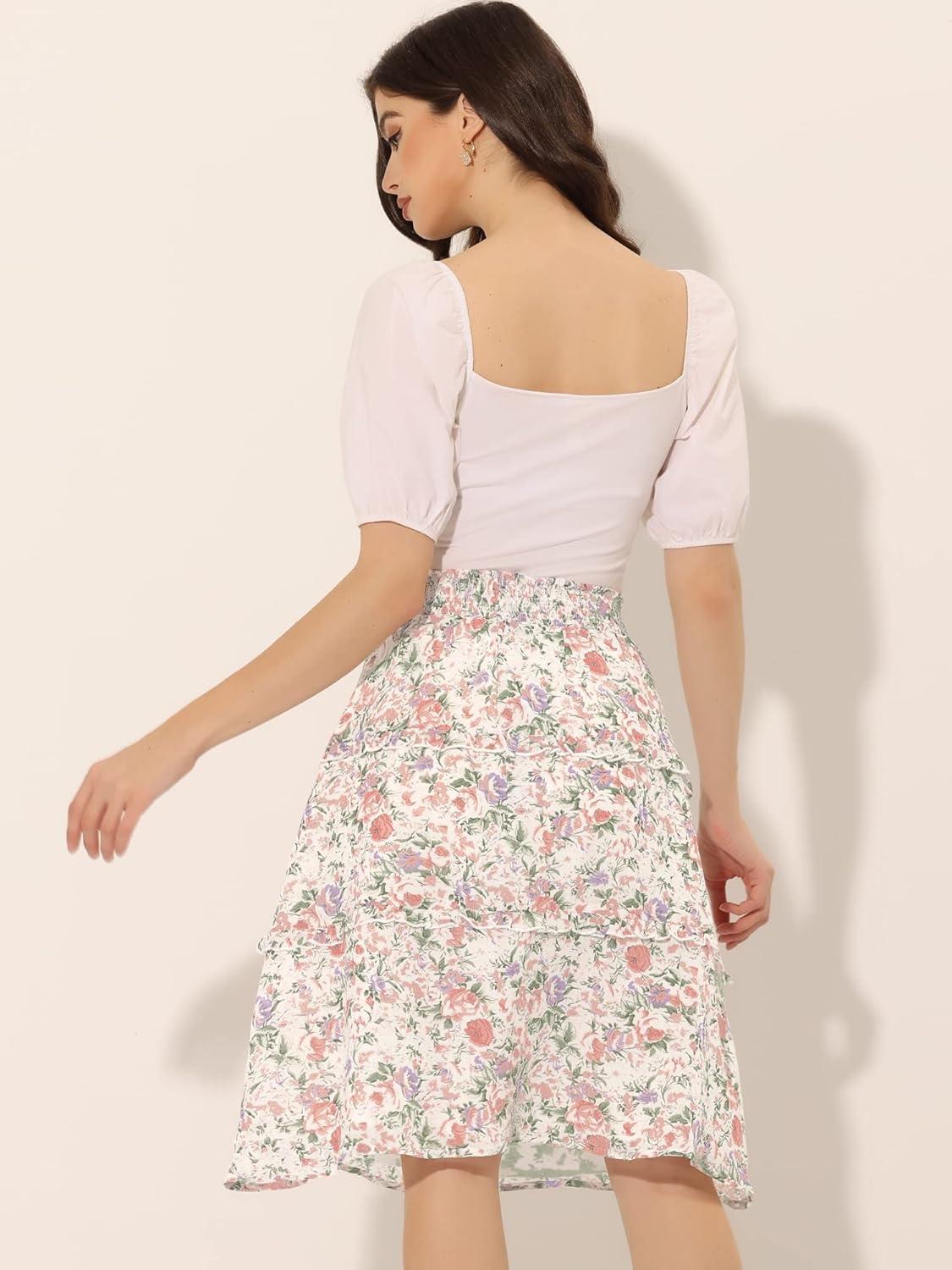 imageAllegra K Womens Floral Skirts Summer Chiffon Smocked Elastic Waist ALine Below Knee Length Ruffle Tiered SkirtWhite2