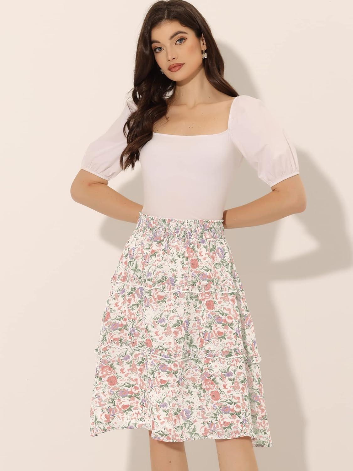 imageAllegra K Womens Floral Skirts Summer Chiffon Smocked Elastic Waist ALine Below Knee Length Ruffle Tiered SkirtWhite2