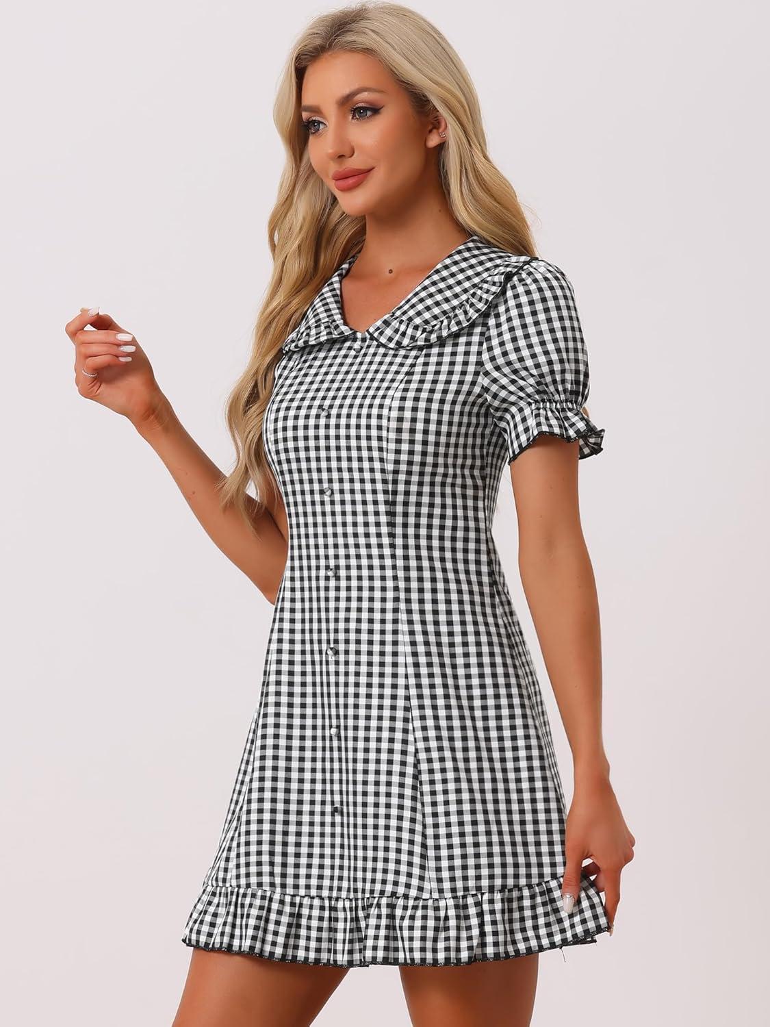 imageAllegra K Womens Gingham Checks Ruffled Peter Pan Collar Cute Mini DressBlack White