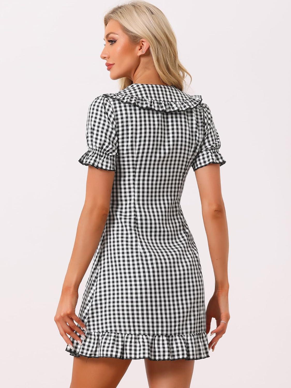 imageAllegra K Womens Gingham Checks Ruffled Peter Pan Collar Cute Mini DressBlack White