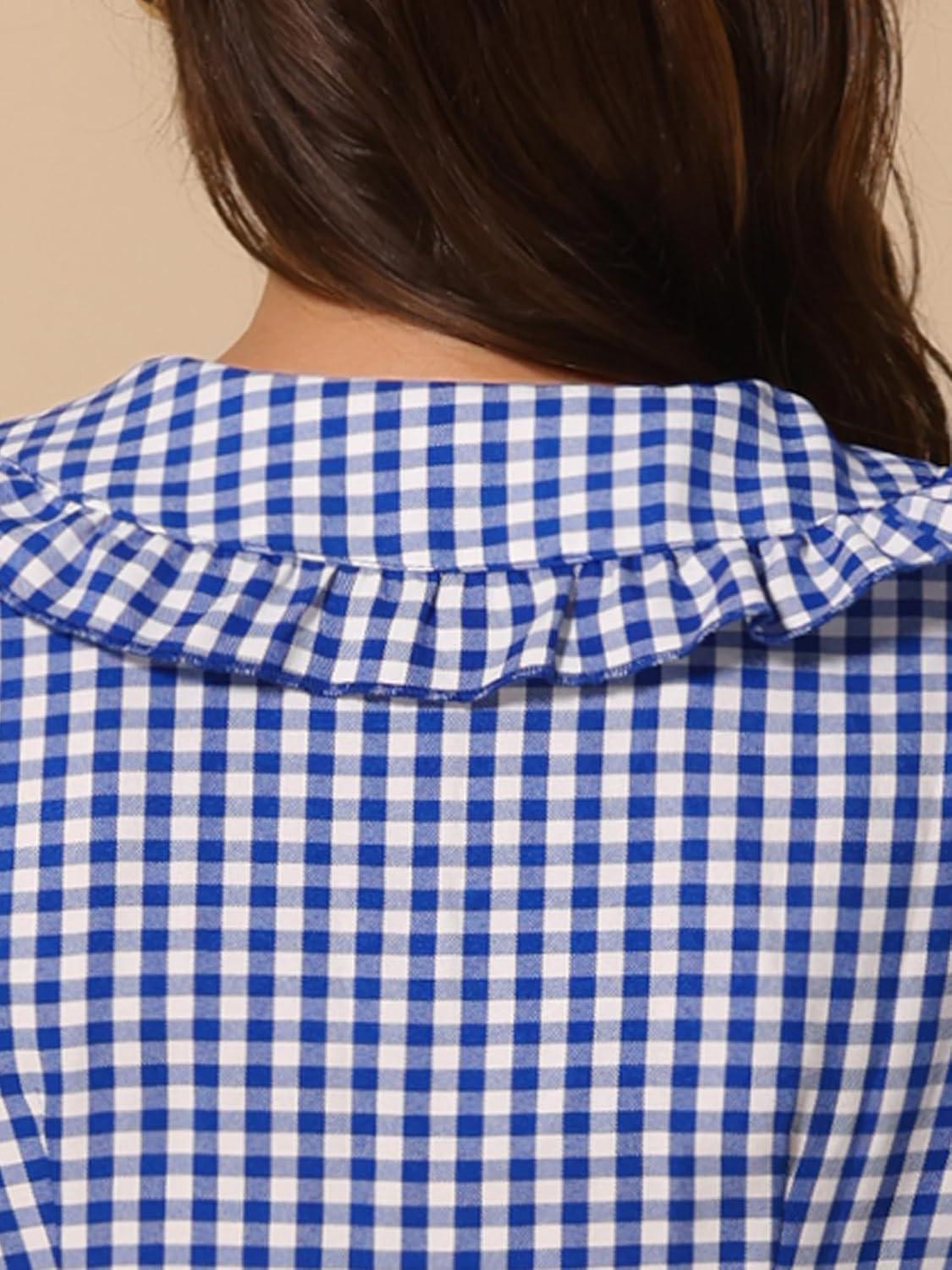 imageAllegra K Womens Gingham Checks Ruffled Peter Pan Collar Cute Mini DressBlue