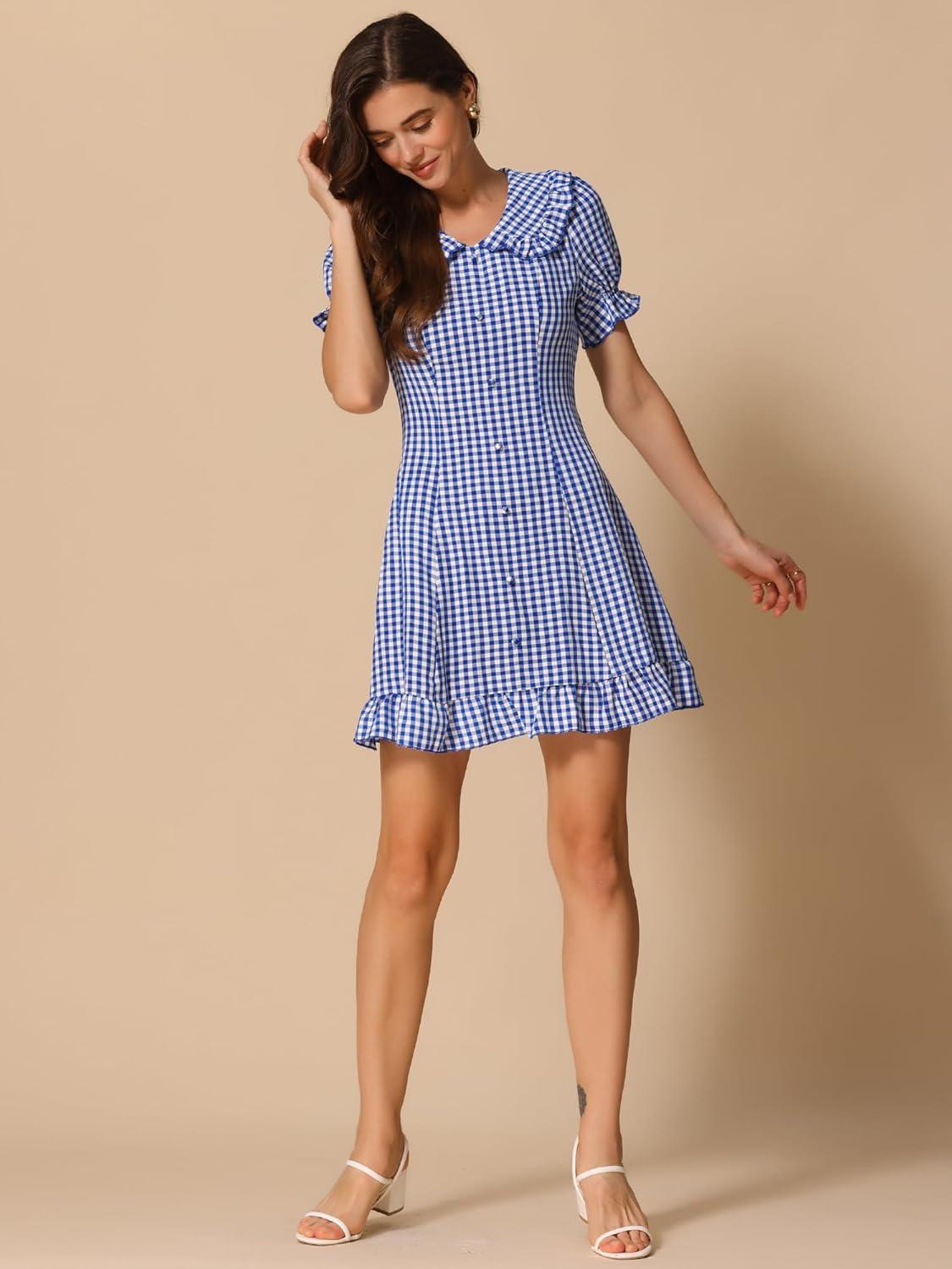 imageAllegra K Womens Gingham Checks Ruffled Peter Pan Collar Cute Mini DressBlue