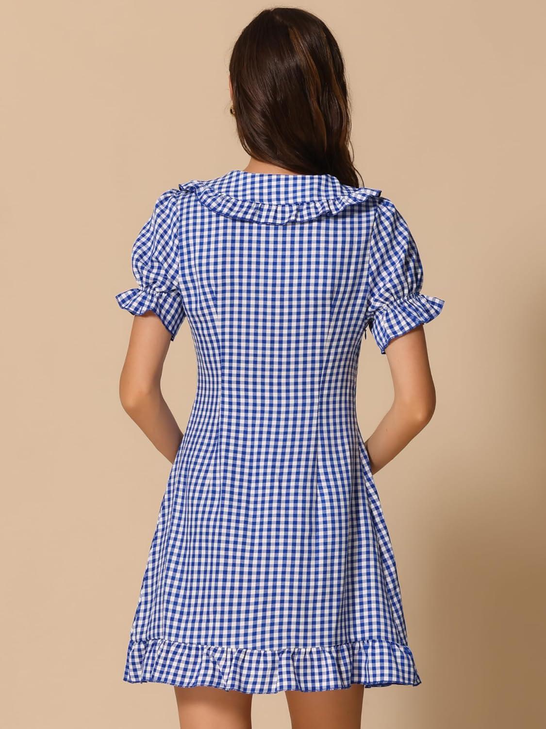 imageAllegra K Womens Gingham Checks Ruffled Peter Pan Collar Cute Mini DressBlue